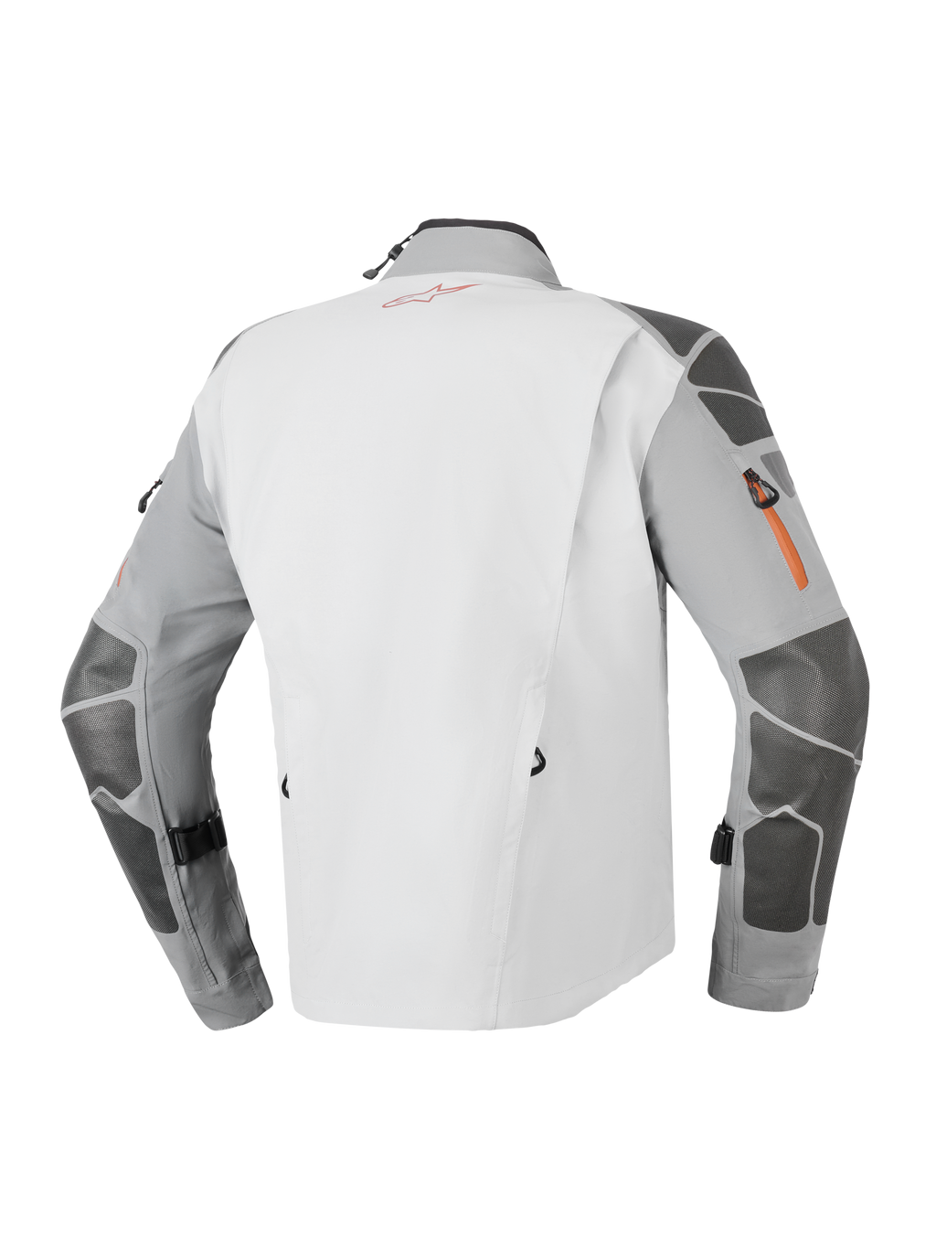 Kurtka Alpinestars Nazca 3L GORE-TEX PRO, przygodowa kurtka motocyklowa, ciemnoszara i szara, widok z tyłu prezentujący wzmocnienia Superfabric na rękawach i ramionach, pomarańczowe detale zamków oraz techniczną 3-warstwową laminowaną konstrukcję.