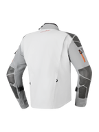 Kurtka Alpinestars Nazca 3L GORE-TEX PRO, przygodowa kurtka motocyklowa, ciemnoszara i szara, widok z tyłu prezentujący wzmocnienia Superfabric na rękawach i ramionach, pomarańczowe detale zamków oraz techniczną 3-warstwową laminowaną konstrukcję.