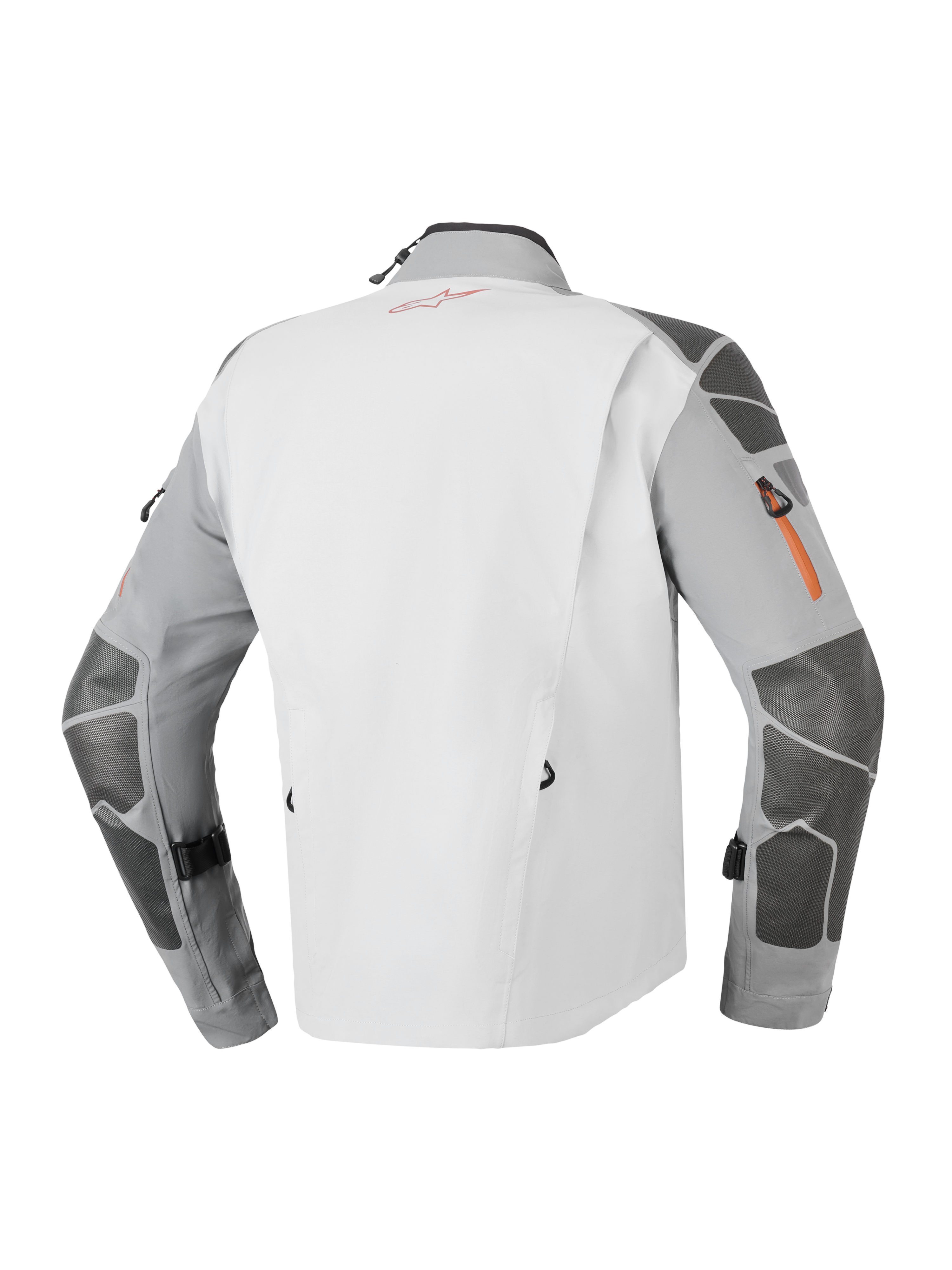 Kurtka Alpinestars Nazca 3L GORE-TEX PRO, przygodowa kurtka motocyklowa, ciemnoszara i szara, widok z tyłu prezentujący wzmocnienia Superfabric na rękawach i ramionach, pomarańczowe detale zamków oraz techniczną 3-warstwową laminowaną konstrukcję.