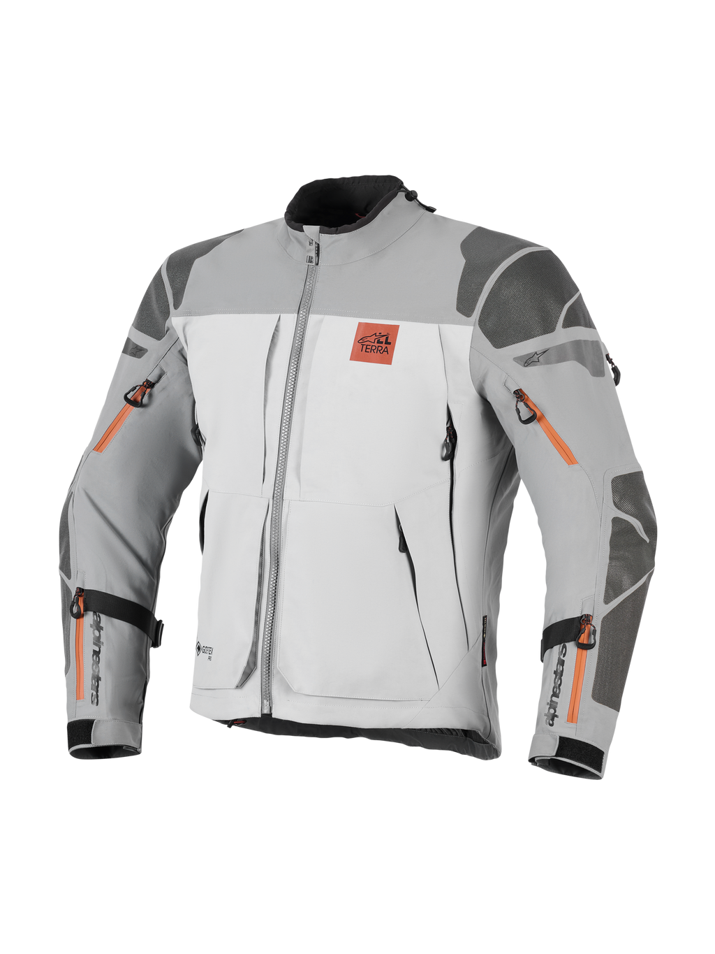 Kurtka Alpinestars Nazca 3L GORE-TEX PRO, motocyklowa kurtka adventure, ciemnoszara i szara z pomarańczowymi akcentami przy zamkach, logo All Terra na klatce piersiowej, wzmocnienia Superfabric na ramionach i łokciach, liczne otwory wentylacyjne zapinane na zamek, wytrzymały design turystyczny