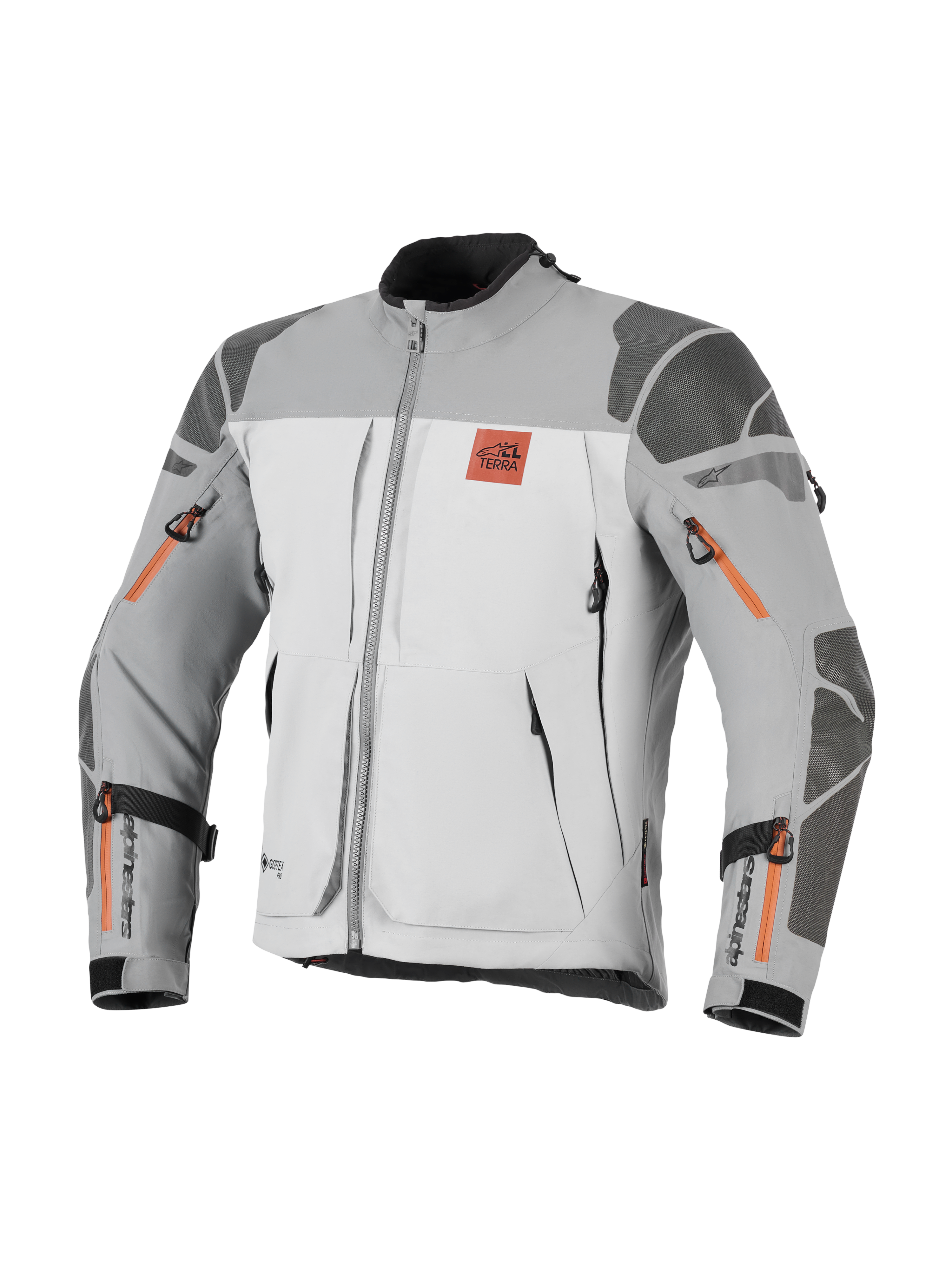 Kurtka Alpinestars Nazca 3L GORE-TEX PRO, motocyklowa kurtka adventure, ciemnoszara i szara z pomarańczowymi akcentami przy zamkach, logo All Terra na klatce piersiowej, wzmocnienia Superfabric na ramionach i łokciach, liczne otwory wentylacyjne zapinane na zamek, wytrzymały design turystyczny