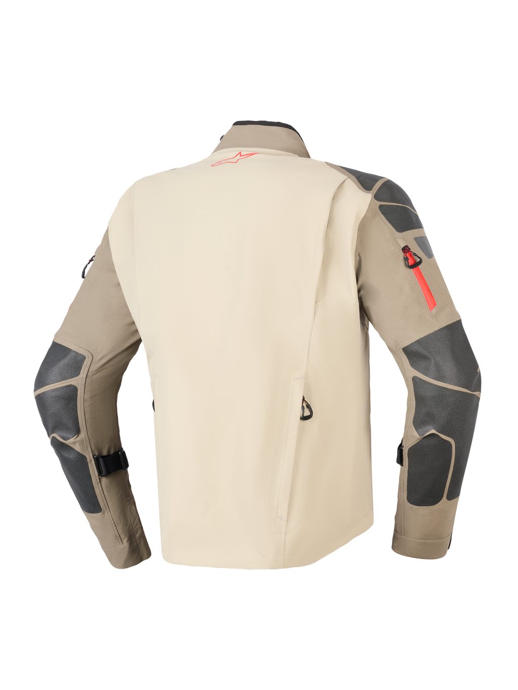 Kurtka Alpinestars Nazca 3L GORE-TEX PRO, Walnut Rock Brown, widok z tyłu przedstawiający piaskowy panel pleców i brązowe rękawy z ciemnoszarymi wzmocnieniami na ramionach i łokciach, czerwone akcenty przy zamkach i logo, wytrzymała odzież motocyklowa typu adventure