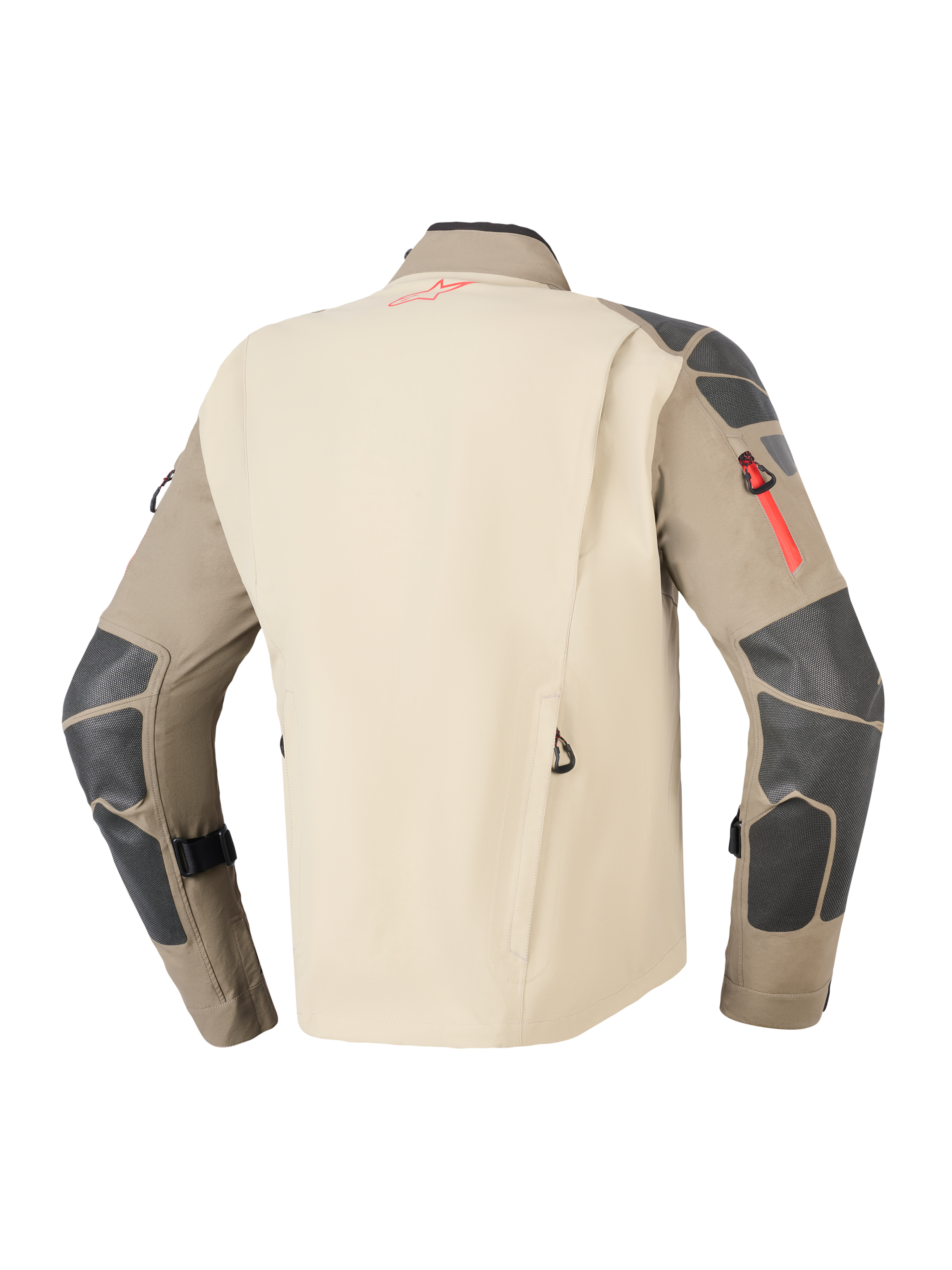 Kurtka Alpinestars Nazca 3L GORE-TEX PRO, Walnut Rock Brown, widok z tyłu przedstawiający piaskowy panel pleców i brązowe rękawy z ciemnoszarymi wzmocnieniami na ramionach i łokciach, czerwone akcenty przy zamkach i logo, wytrzymała odzież motocyklowa typu adventure