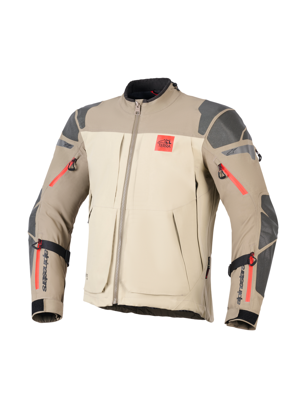 Kurtka Alpinestars Nazca 3L GORE-TEX PRO, Walnut Rock Brown, przygodowa kurtka motocyklowa, beżowe i jasnobrązowe bloki kolorystyczne, szare teksturowane wzmocnienia na ramionach i łokciach, jaskrawoczerwone detale zamków, czerwone logo „ALL TERRA” na piersi, czarne logo Alpinestars na przedramionach, wytrzymała konstrukcja tekstylna