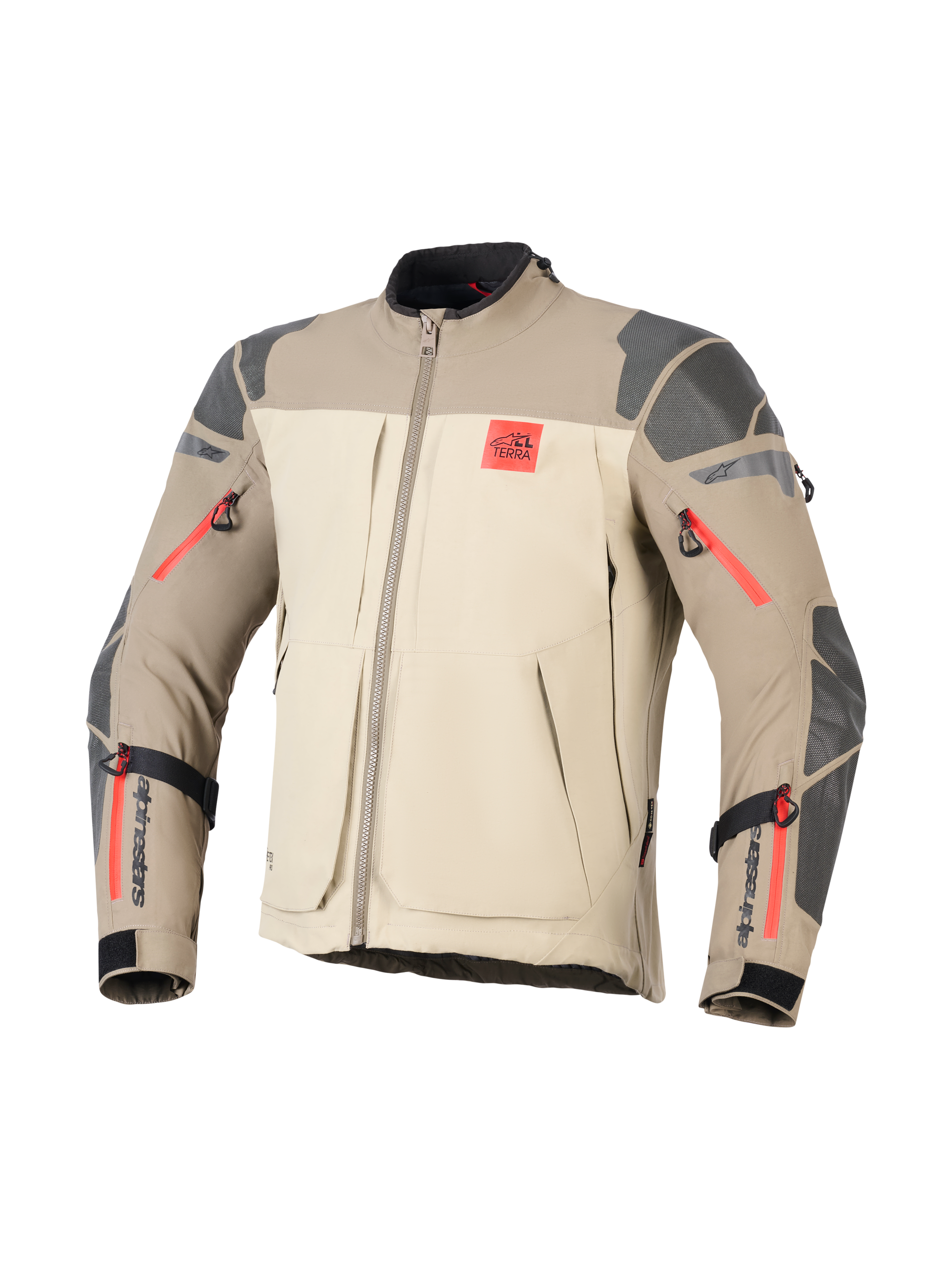 Kurtka Alpinestars Nazca 3L GORE-TEX PRO, Walnut Rock Brown, przygodowa kurtka motocyklowa, beżowe i jasnobrązowe bloki kolorystyczne, szare teksturowane wzmocnienia na ramionach i łokciach, jaskrawoczerwone detale zamków, czerwone logo „ALL TERRA” na piersi, czarne logo Alpinestars na przedramionach, wytrzymała konstrukcja tekstylna