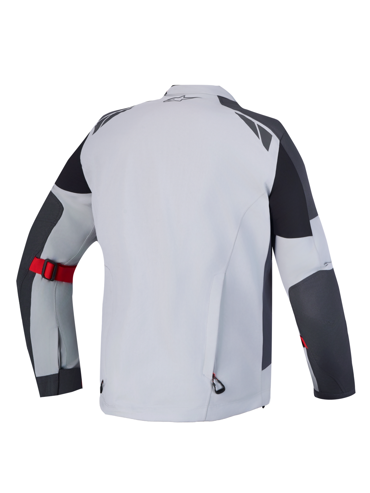 Alpinestars Arenis Gore-Tex Jacket, szaro-czarna turystyczna kurtka motocyklowa, widok z tyłu, wodoodporna konstrukcja z czerwonym paskiem regulacyjnym na przedramieniu