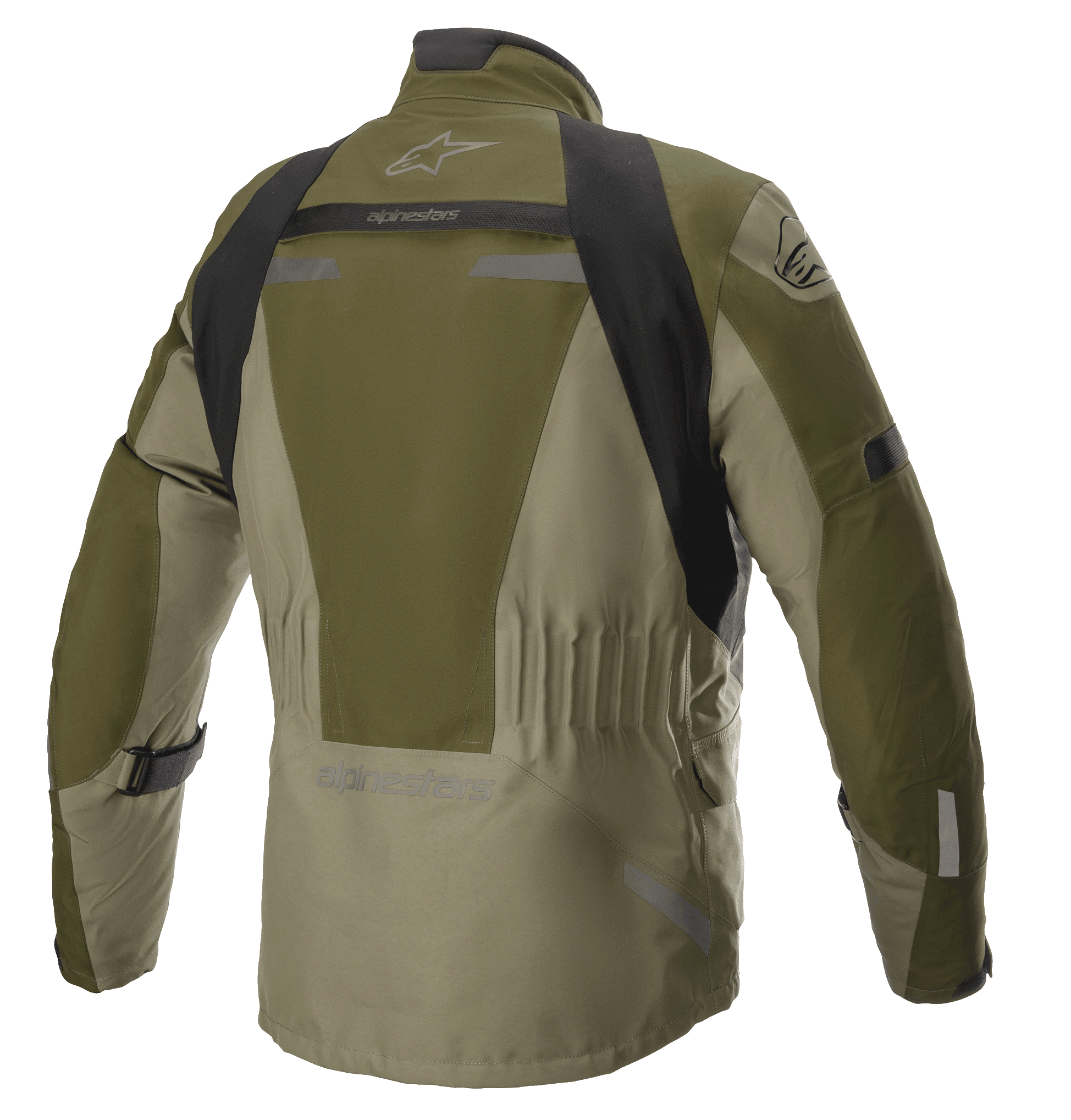 Alpinestars Altamira GORE-TEX Jacket, Forest Military Green, widok z tyłu technicznej motocyklowej kurtki turystycznej, czarne panele na ramionach, elastyczny pas, branding Alpinestars, odblaskowe akcenty i wytrzymała konstrukcja tekstylna.