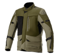 Alpinestars Altamira GORE-TEX Jacket, kurtka motocyklowa turystyczna, kolor Forest Military Green i oliwkowy z czarnymi akcentami, liczne przednie kieszenie użytkowe i zamki, regulowane paski na rękawach, wysoki kołnierz, wodoodporna konstrukcja techniczna do jazdy typu adventure