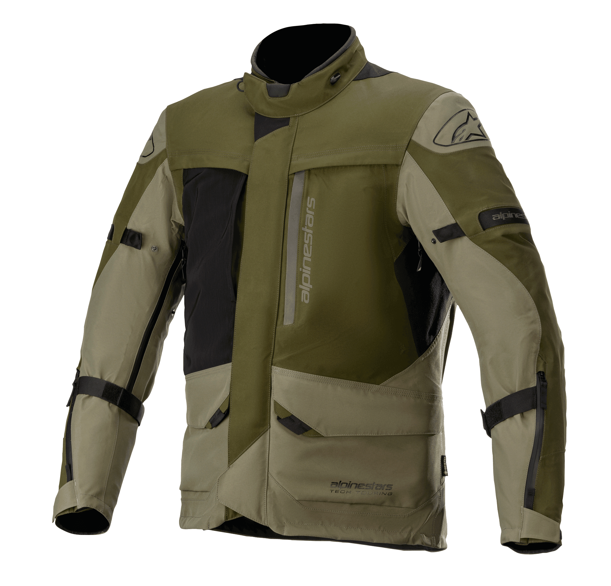 Alpinestars Altamira GORE-TEX Jacket, kurtka motocyklowa turystyczna, kolor Forest Military Green i oliwkowy z czarnymi akcentami, liczne przednie kieszenie użytkowe i zamki, regulowane paski na rękawach, wysoki kołnierz, wodoodporna konstrukcja techniczna do jazdy typu adventure