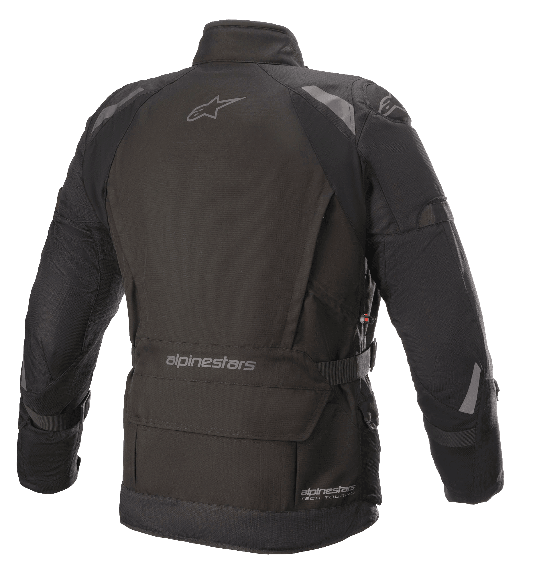 Alpinestars Ketchum GORE-TEX Jacket, kurtka motocyklowa, czarna, widok z tyłu prezentujący przedłużony krój turystyczny, odblaskowe detale na ramionach i rękawach, z brandingiem Alpinestars w górnej części pleców i w dolnej części talii