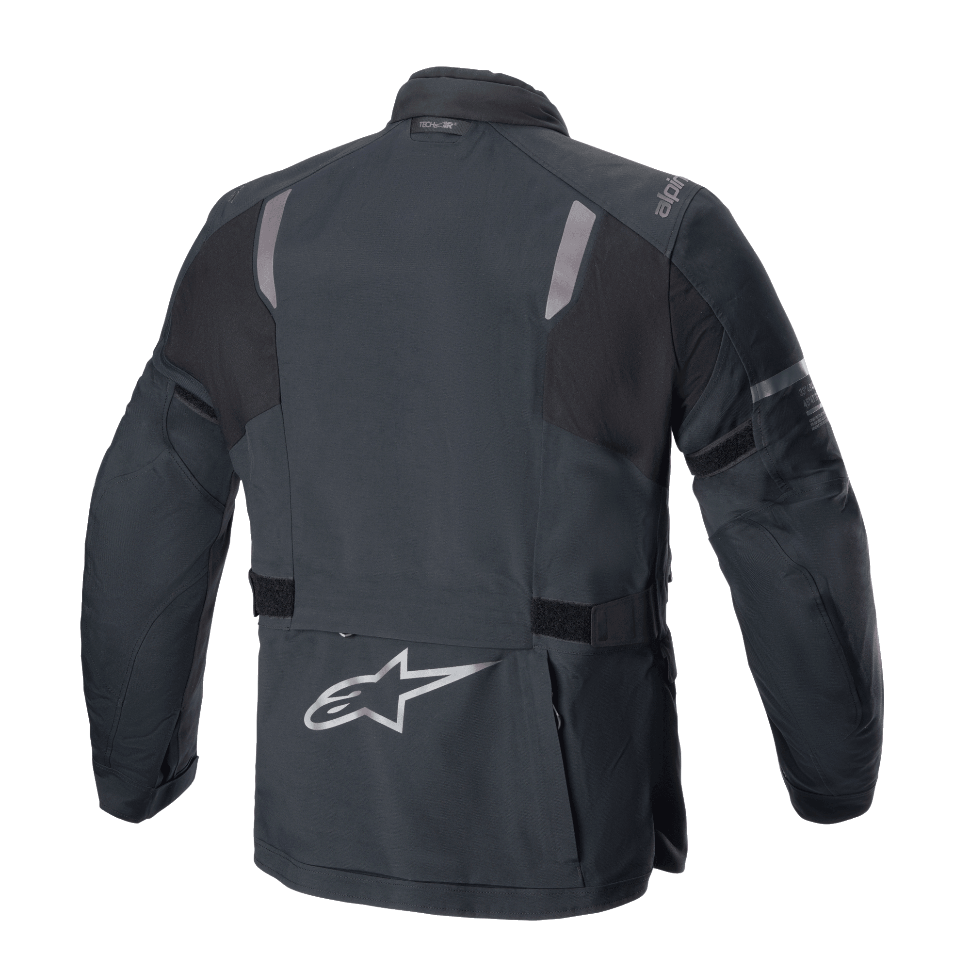 Kurtka Alpinestars ST-7 2L GORE-TEX, widok z tyłu, czarno-ciemnoszara, z odblaskowymi panelami na barkach, srebrnym logo gwiazdy Alpinestars na dole pleców i regulowanymi paskami w talii, odzież motocyklowa adventure touring