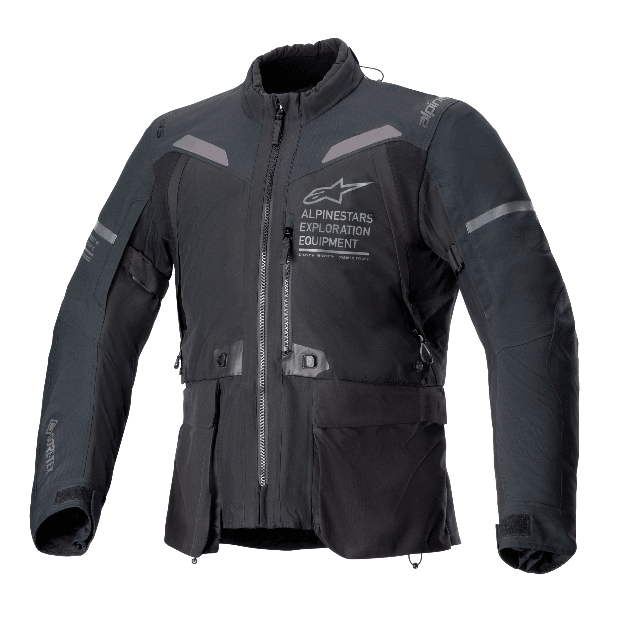 Kurtka Alpinestars ST-7 2L GORE-TEX, czarna i ciemnoszara kurtka motocyklowa, widok z przodu z dużymi kieszeniami cargo, odblaskowe akcenty na ramionach i logo Alpinestars Exploration Equipment na piersi, wodoodporna odzież turystyczna adventure