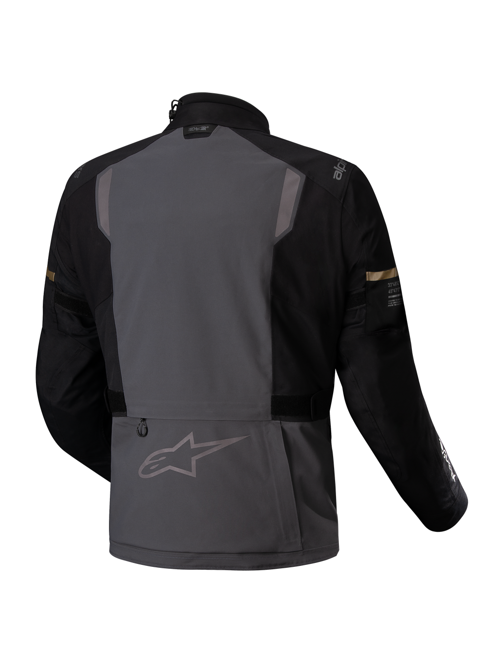 Alpinestars Kurtka ST-7 2L GORE-TEX, motocyklowa kurtka turystyczna adventure, widok z tyłu przedstawiający ciemnoszarą i czarną kolorystykę z elementami odblaskowymi i certyfikatem CE