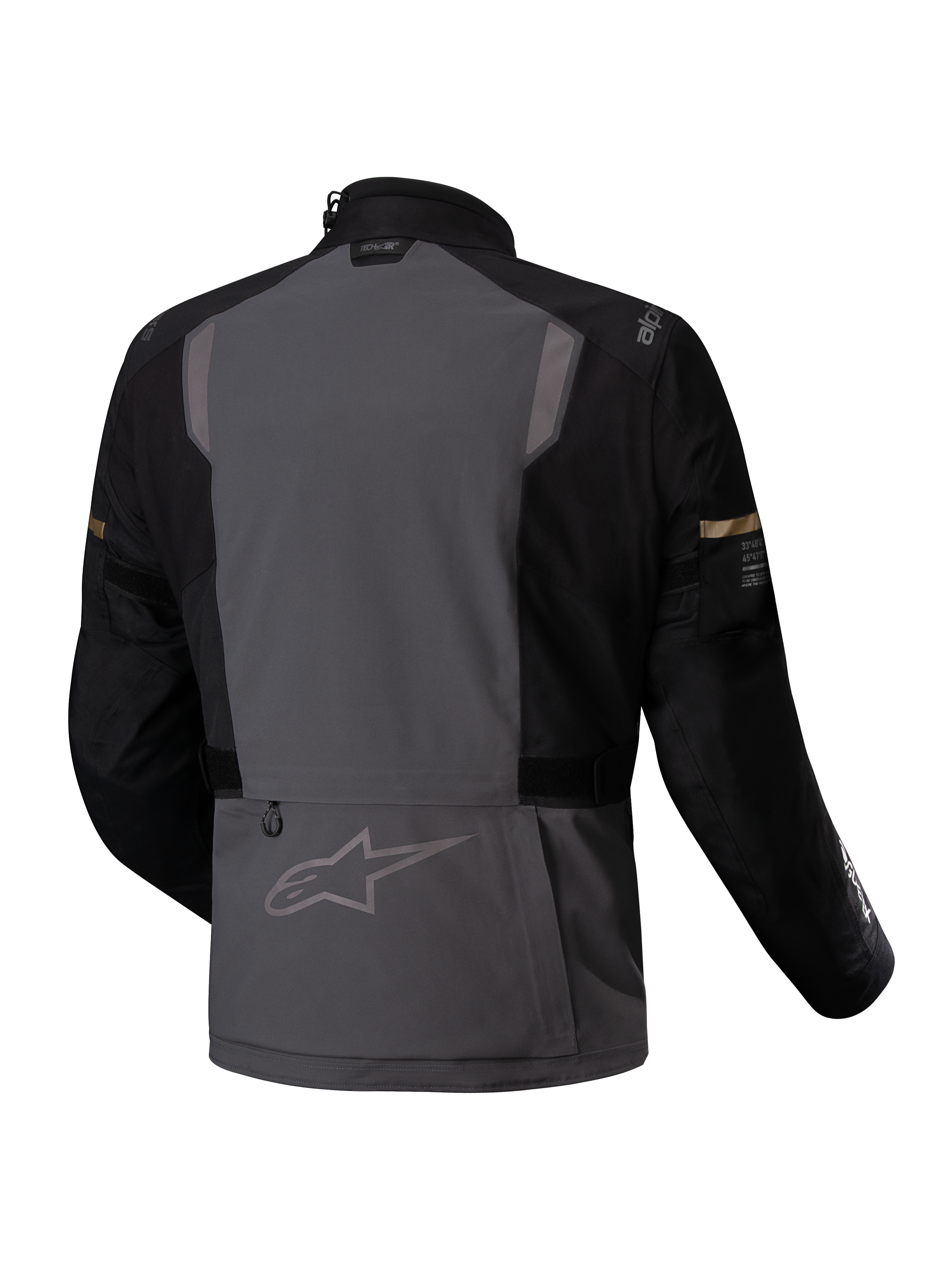Alpinestars Kurtka ST-7 2L GORE-TEX, motocyklowa kurtka turystyczna adventure, widok z tyłu przedstawiający ciemnoszarą i czarną kolorystykę z elementami odblaskowymi i certyfikatem CE