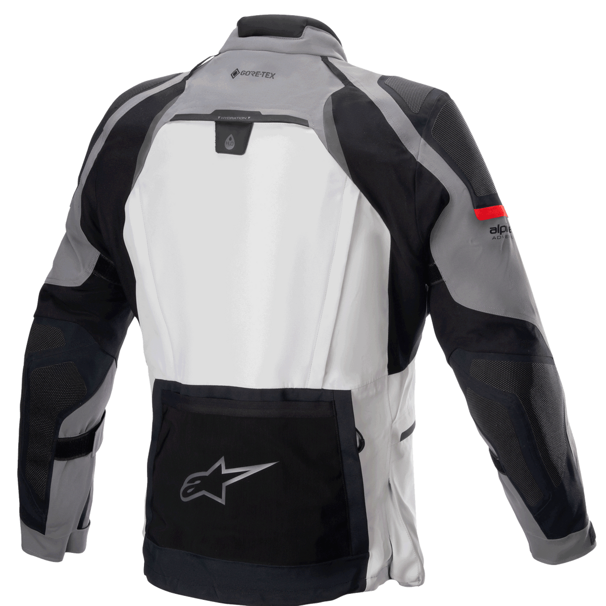 Kurtka Alpinestars Boulder GORE-TEX, widok z tyłu, kolor ciemnoszary i lodowoszary, techniczna motocyklowa kurtka turystyczna adventure z dużym jasnoszarym panelem tylnym, czarną dolną kieszenią z logo gwiazdy Alpinestars, brandingiem GORE-TEX na górze pleców i wytrzymałą konstrukcją z wielu materiałów.