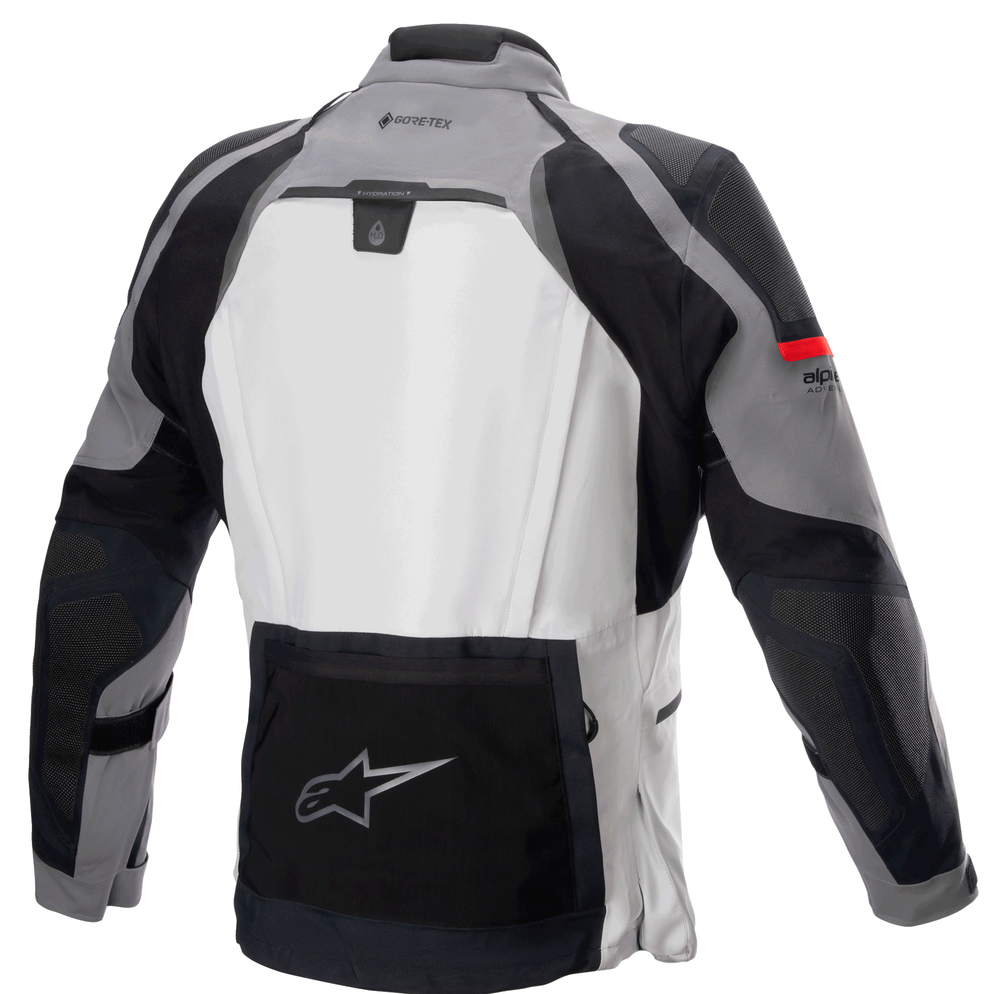 Kurtka Alpinestars Boulder GORE-TEX, widok z tyłu, kolor ciemnoszary i lodowoszary, techniczna motocyklowa kurtka turystyczna adventure z dużym jasnoszarym panelem tylnym, czarną dolną kieszenią z logo gwiazdy Alpinestars, brandingiem GORE-TEX na górze pleców i wytrzymałą konstrukcją z wielu materiałów.