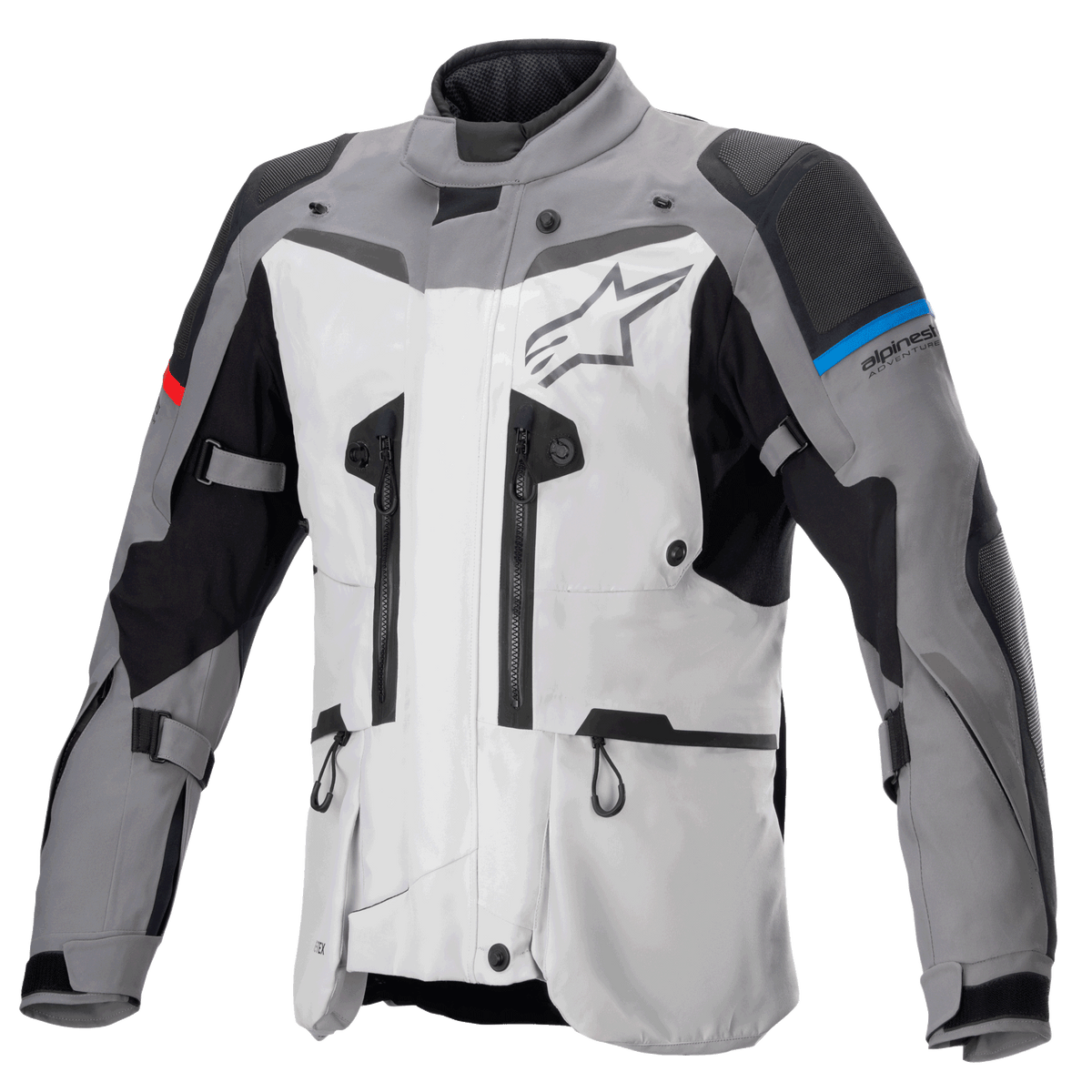 Alpinestars Boulder GORE-TEX Jacket, motocyklowa kurtka turystyczna adventure, ciemnoszara i jasnoszara, liczne zamki wentylacyjne, wzmocnione panele na ramionach i łokciach z niebieskimi i czerwonymi akcentami, duże logo Alpinestars na klatce piersiowej, zaawansowana techniczna odzież wodoodporna