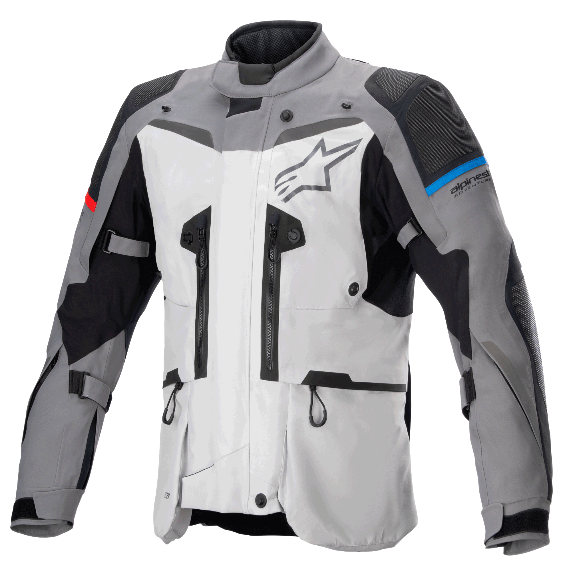 Alpinestars Boulder GORE-TEX Jacket, motocyklowa kurtka turystyczna adventure, ciemnoszara i jasnoszara, liczne zamki wentylacyjne, wzmocnione panele na ramionach i łokciach z niebieskimi i czerwonymi akcentami, duże logo Alpinestars na klatce piersiowej, zaawansowana techniczna odzież wodoodporna