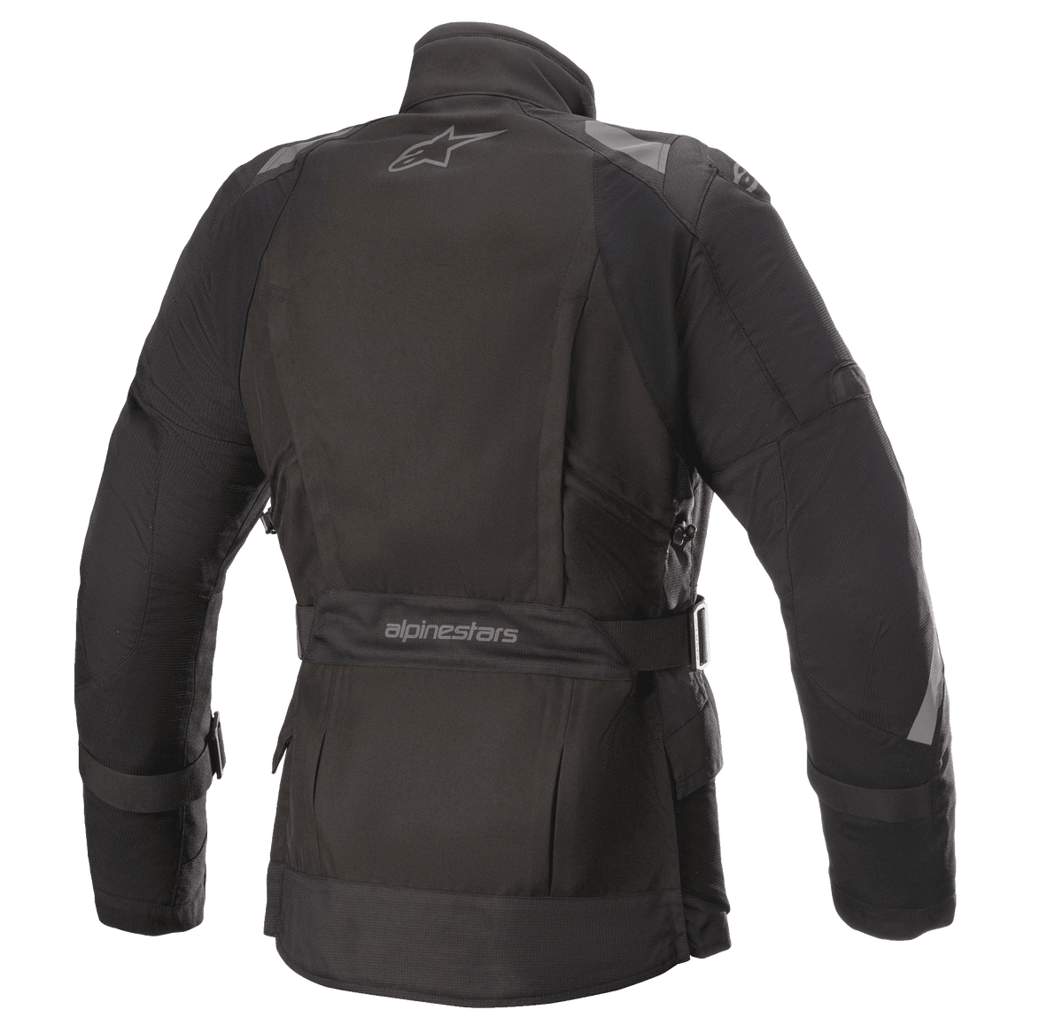 Damska kurtka Alpinestars Stella Ketchum GORE-TEX, tekstylna kurtka motocyklowa, czarna, widok z tyłu z logo Alpinestars, regulowany pasek w talii z nazwą marki oraz odblaskowe panele na ramionach i rękawach dla lepszej widoczności motocyklisty.