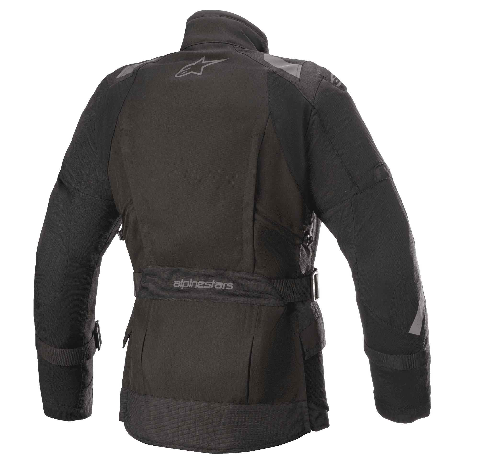 Damska kurtka Alpinestars Stella Ketchum GORE-TEX, tekstylna kurtka motocyklowa, czarna, widok z tyłu z logo Alpinestars, regulowany pasek w talii z nazwą marki oraz odblaskowe panele na ramionach i rękawach dla lepszej widoczności motocyklisty.