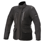 Alpinestars Women Stella Ketchum GORE-TEX Jacket, czarna motocyklowa kurtka turystyczna, wodoodporna i oddychająca konstrukcja tekstylna, wysoki kołnierz z otworami wentylacyjnymi na klatce piersiowej zapinanymi na zamek, regulowane paski w talii i na ramionach, wytrzymały materiał ze wzmocnioną ochroną ramion