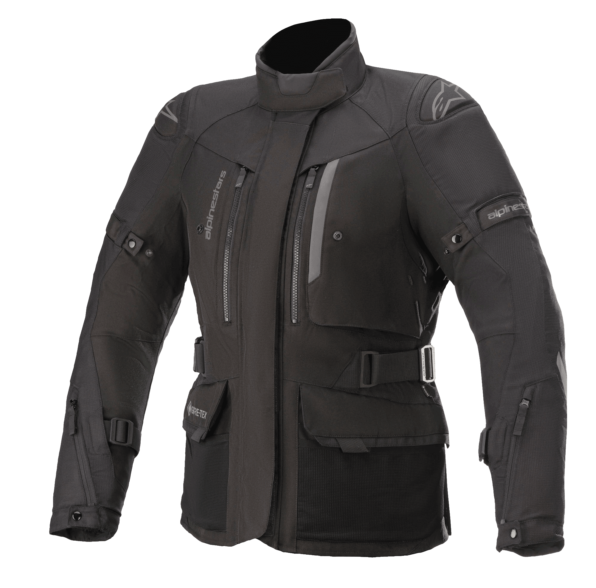 Alpinestars Women Stella Ketchum GORE-TEX Jacket, czarna motocyklowa kurtka turystyczna, wodoodporna i oddychająca konstrukcja tekstylna, wysoki kołnierz z otworami wentylacyjnymi na klatce piersiowej zapinanymi na zamek, regulowane paski w talii i na ramionach, wytrzymały materiał ze wzmocnioną ochroną ramion