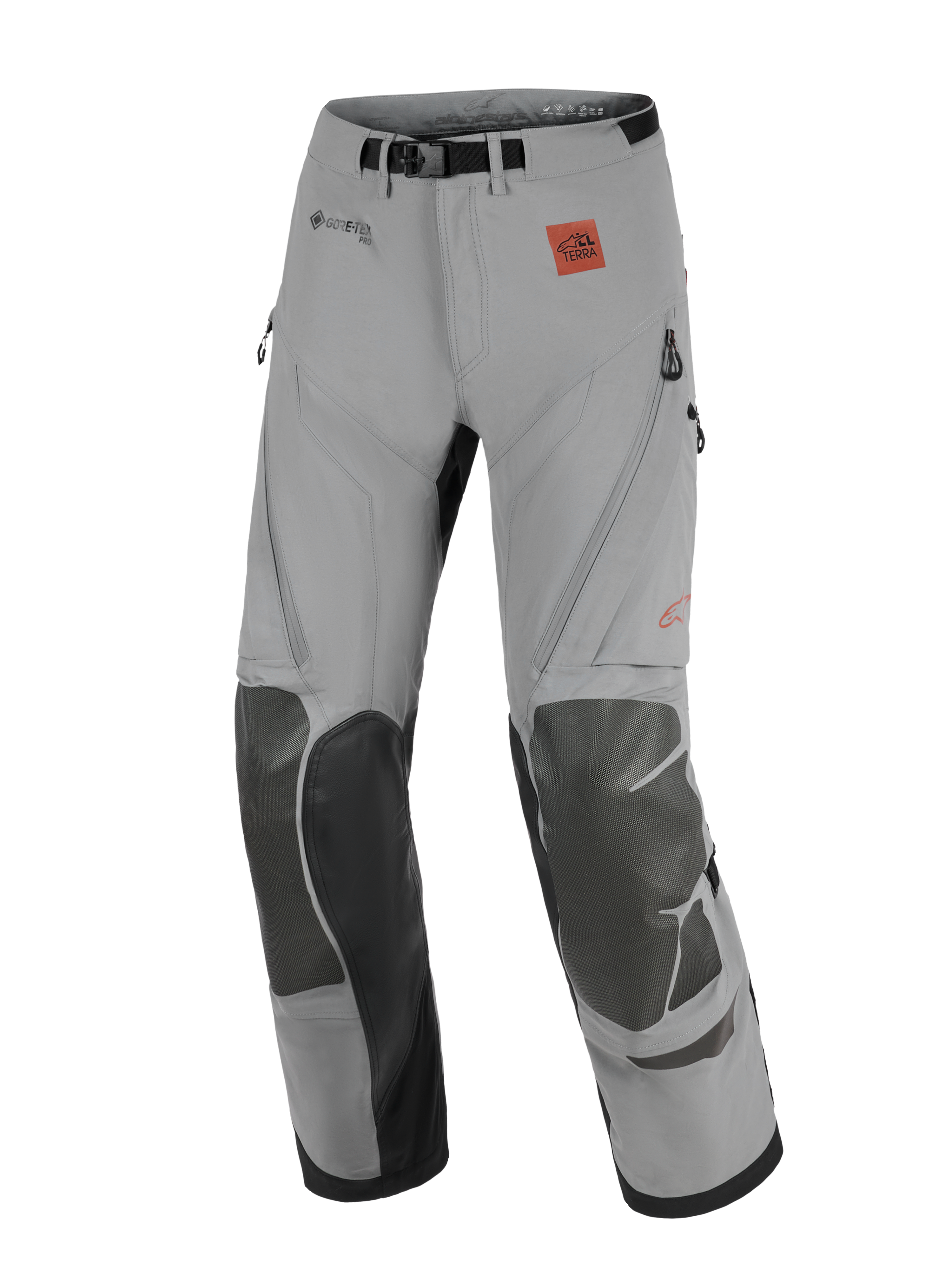 Alpinestars Nazca 3L GORE-TEX PRO Pants, motocyklowe spodnie adventure, ciemnoszare i czarne, wzmocnione panele na kolanach, logo GORE-TEX PRO i All Terra, techniczny design do jazdy terenowej i turystycznej