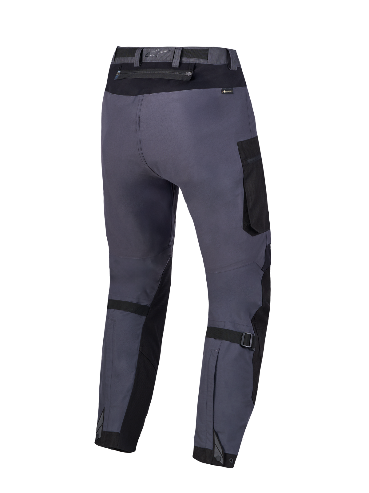 Alpinestars Arenis Gore-Tex Pants, motocyklowe spodnie turystyczne adventure, czarne i ciemnoszare, widok z tyłu przedstawiający wodoodporną konstrukcję i regulatory objętości łydek