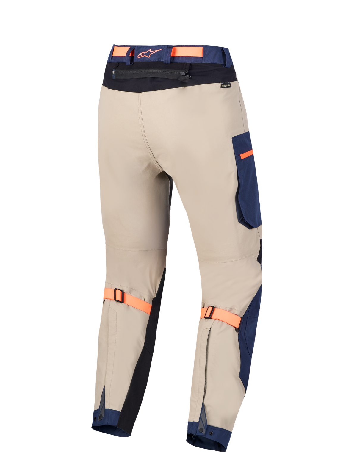 Alpinestars Arenis Gore-Tex Pants, motocyklowe spodnie adventure turystyczne, widok z tyłu, niebieskie i beżowe, certyfikowane CE, konstrukcja z wodoodpornego 2-warstwowego materiału GORE-TEX