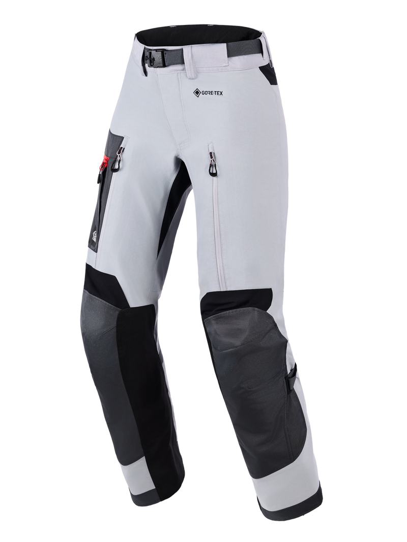 Alpinestars Arenis Gore-Tex® Pants, men's adventure touring motorcycle pants in mid gray, deep gray, and black, front view showing waterproof 2L laminated GORE-TEX construction, thigh ventilation zippers, and reinforced knee and seat zones