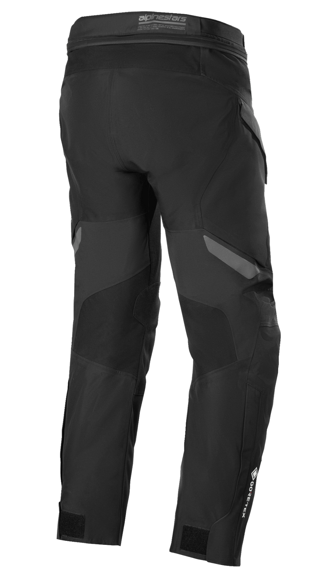 Spodnie Alpinestars ST-7 2L GORE-TEX, czarno-ciemnoszare, widok z tyłu, wodoodporne motocyklowe spodnie turystyczne adventure, wzmocnione panele, logo GORE-TEX na dole nogawki i regulowane paski w kostkach