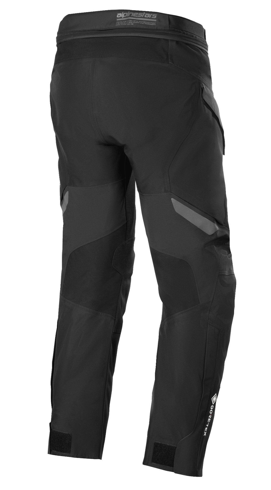 Spodnie Alpinestars ST-7 2L GORE-TEX, czarno-ciemnoszare, widok z tyłu, wodoodporne motocyklowe spodnie turystyczne adventure, wzmocnione panele, logo GORE-TEX na dole nogawki i regulowane paski w kostkach