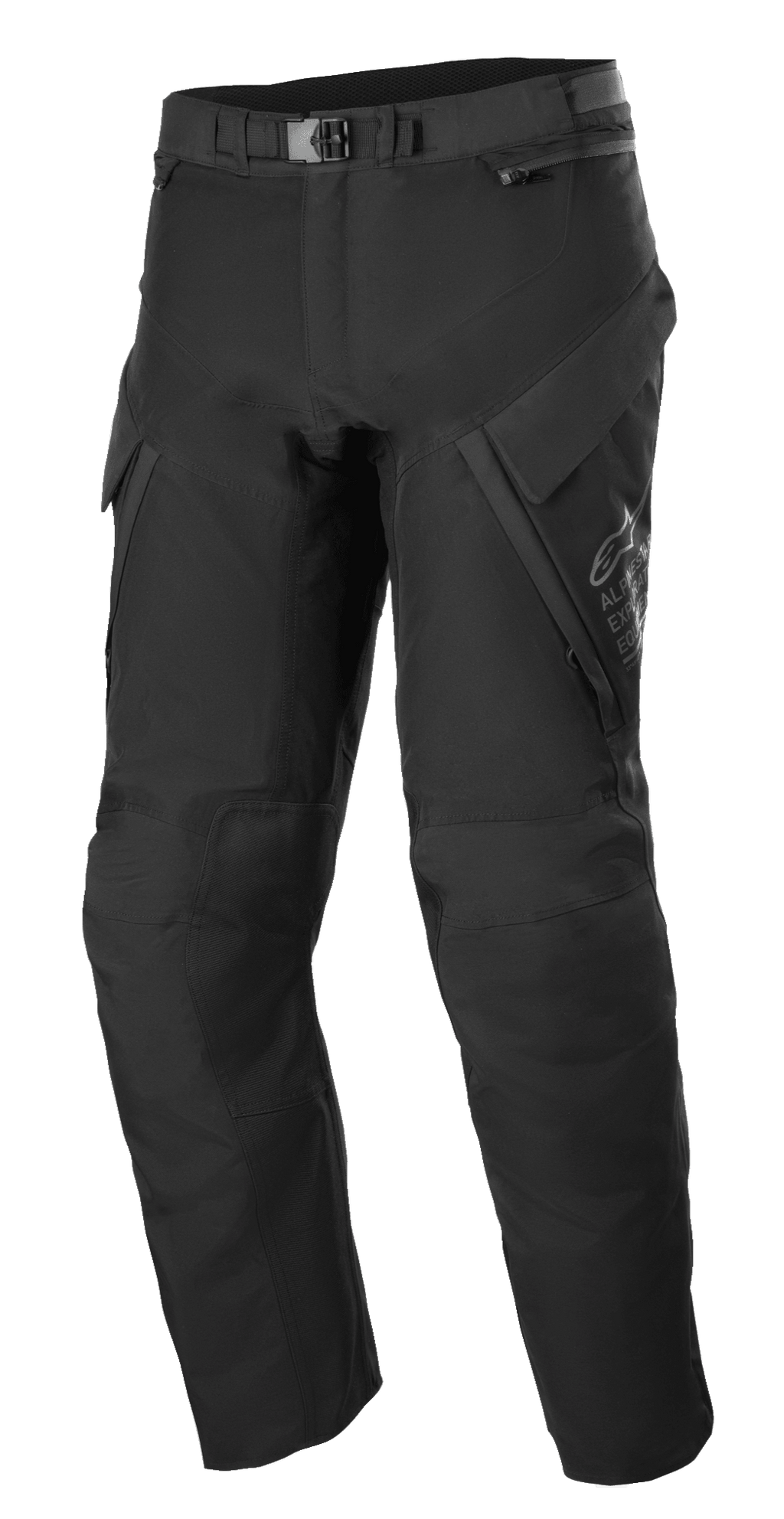 Alpinestars ST-7 2L GORE-TEX Pants, spodnie adventure touring, czarno-ciemnoszare, duże kieszenie cargo, magnetyczne zapięcie klamry w pasie, wzmocnione sekcje kolan, techniczna konstrukcja tekstylna zapewniająca ochronę w każdych warunkach pogodowych