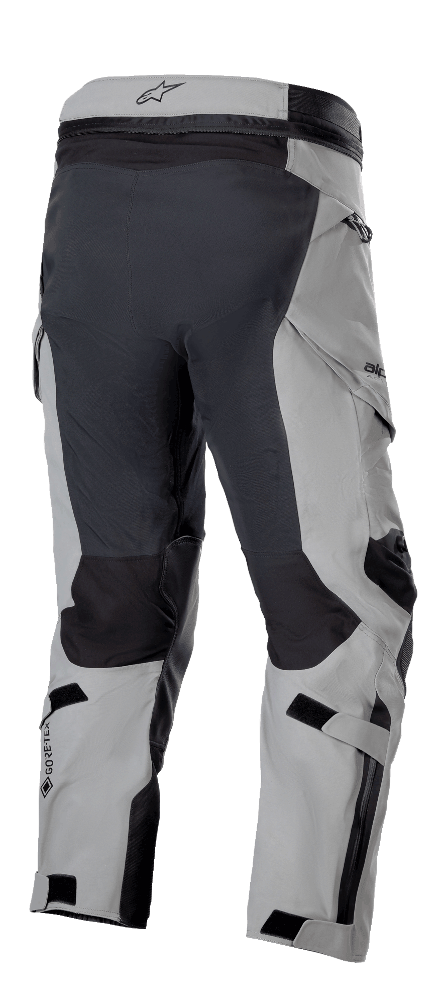 Alpinestars Boulder 3L GORE-TEX Pants, wersja skrócona, ciemnoszare i czarne, widok z tyłu podkreślający wzmocnione panele, logo GORE-TEX, paski regulacyjne i ergonomiczną konstrukcję inspirowaną motocrossem