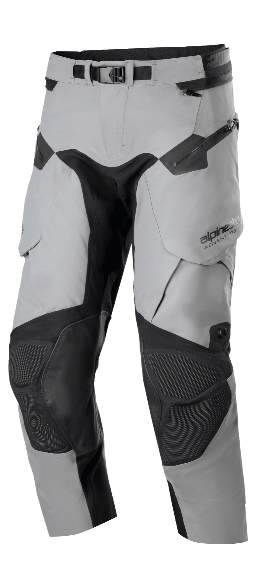 Alpinestars Boulder 3L GORE-TEX Pants - krótka długość, motocyklowe spodnie turystyczne adventure, ciemnoszare i czarne, wzmocnione panele na kolanach, regulowany pas z klamrą, wodoodporne zamki i ergonomiczne kieszenie, wytrzymała konstrukcja na ekstremalne warunki pogodowe