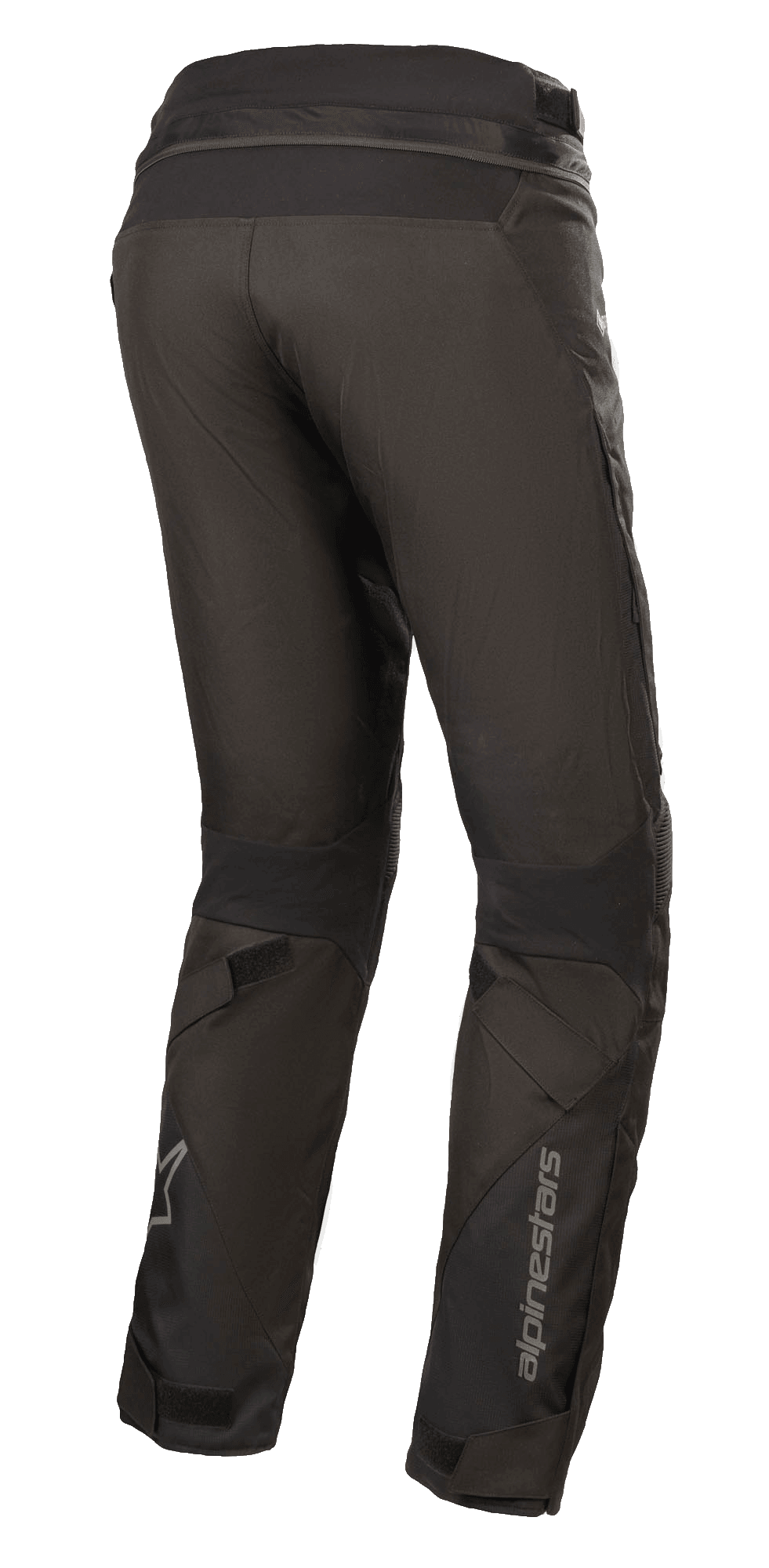 Alpinestars Stella Road Pro GORE-TEX Pants, damskie spodnie motocyklowe, czarne, widok z tyłu z boku, techniczne spodnie tekstylne z odblaskowym brandingiem na nogawce, zwężany krój, regulacja na rzepy i zamek w pasie, idealne do turystyki motocyklowej.