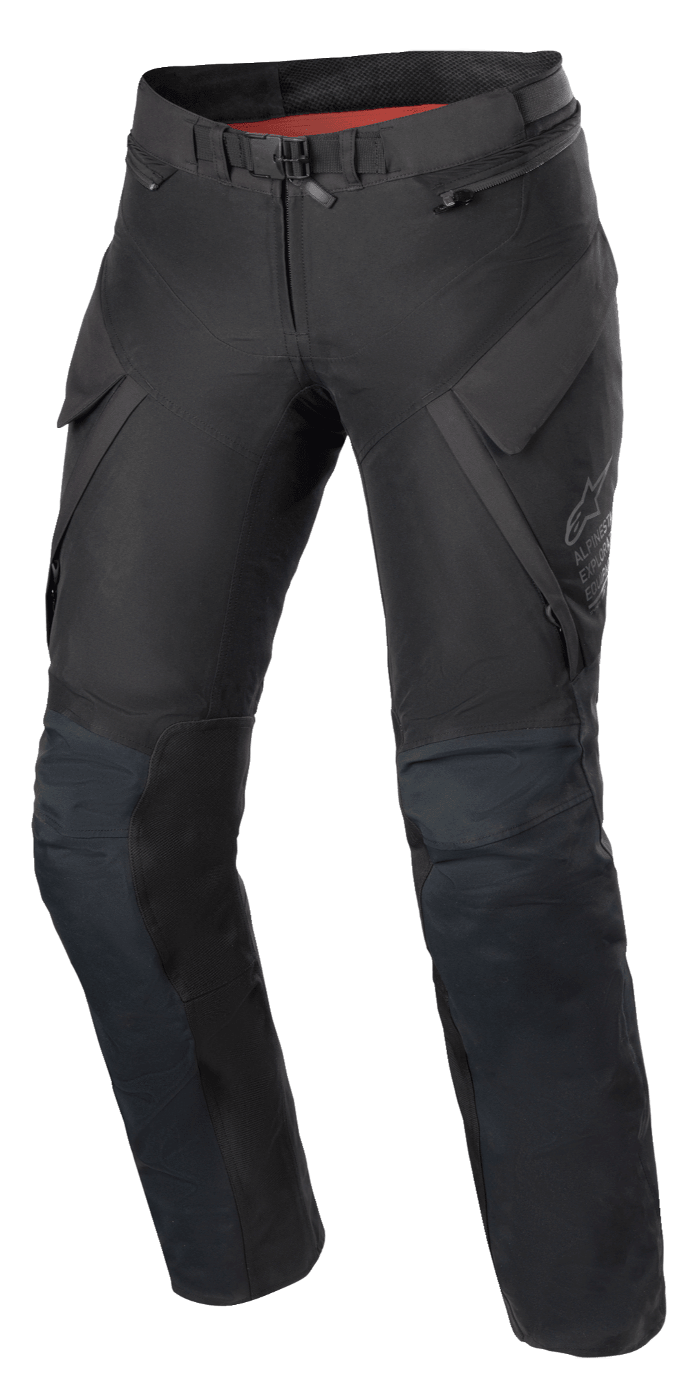 Alpinestars Stella ST-7 2L GORE-TEX Pants, damskie spodnie motocyklowe adventure, czarno-ciemnoszare, widok z przodu z kieszeniami cargo, magnetyczną klamrą w pasie, profilowanymi kolanami i subtelnym logo Alpinestars na udzie.