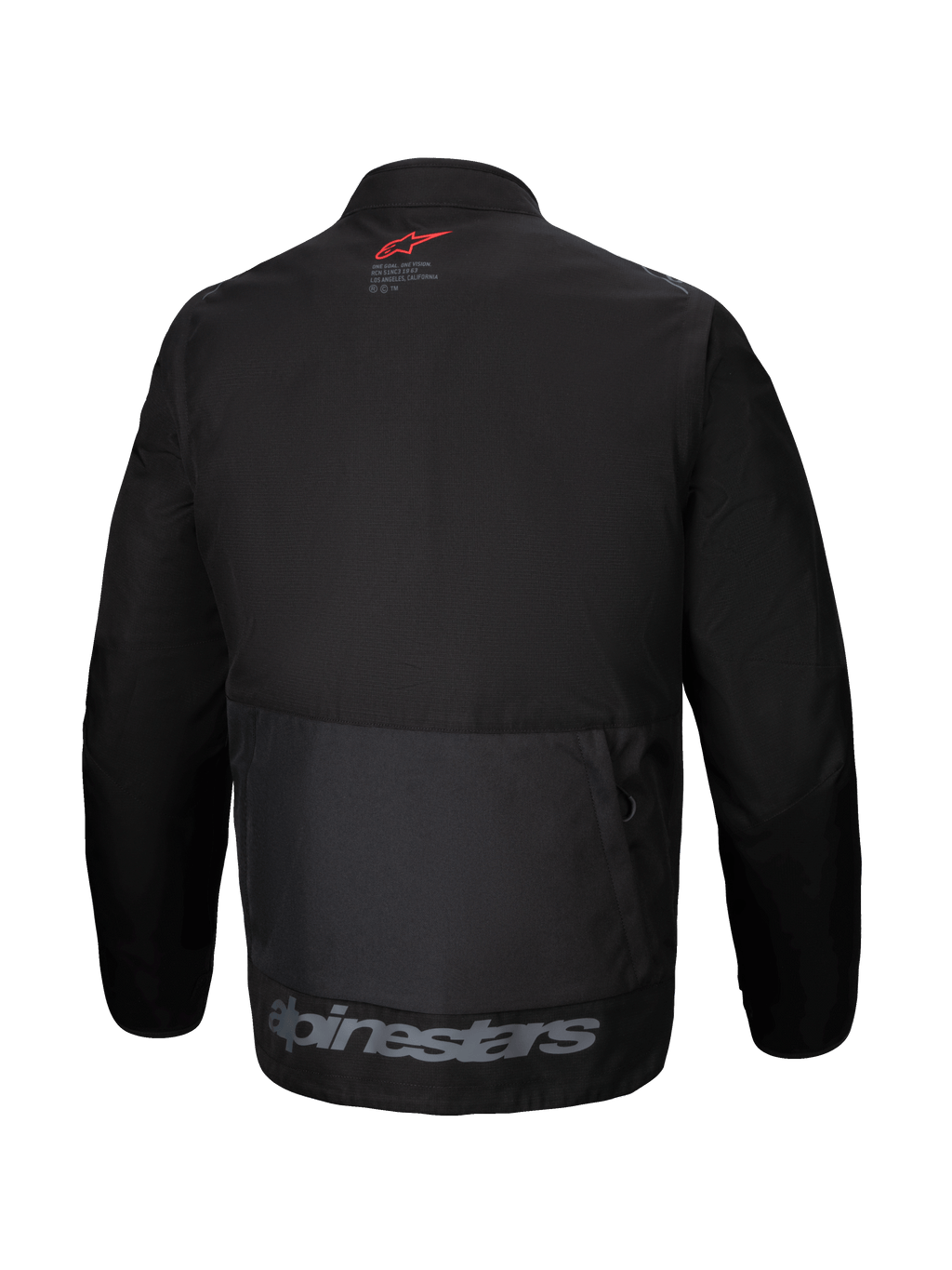Kurtka Alpinestars Pro-Dura, widok z tyłu, czarna tekstylna kurtka enduro, duża tylna kieszeń cargo, czerwone logo z gwiazdą na karku, szary napis Alpinestars na dolnym brzegu, wytrzymały design off-road