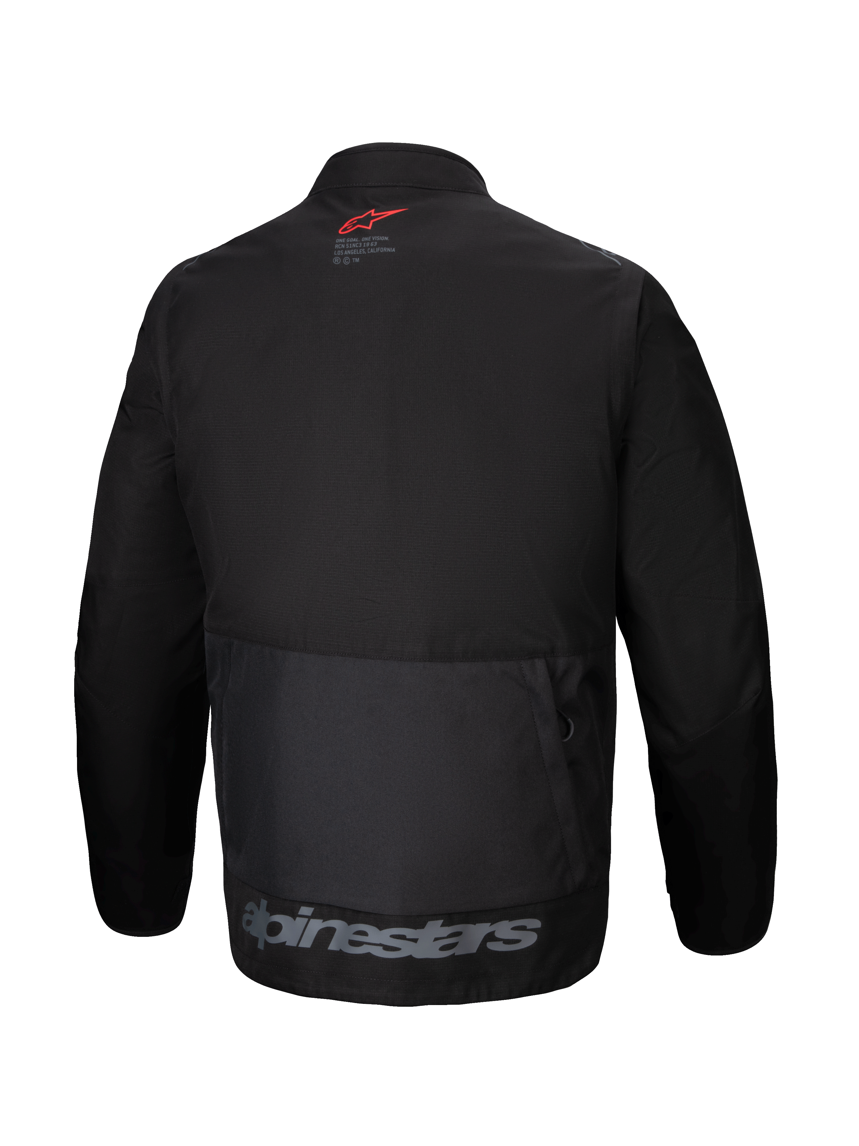 Kurtka Alpinestars Pro-Dura, widok z tyłu, czarna tekstylna kurtka enduro, duża tylna kieszeń cargo, czerwone logo z gwiazdą na karku, szary napis Alpinestars na dolnym brzegu, wytrzymały design off-road