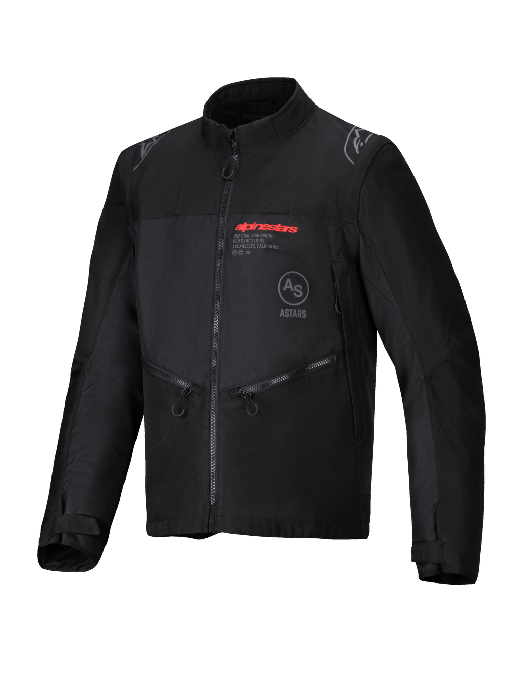 Alpinestars Pro-Dura Jacket, czarna kurtka motocyklowa off-road, wykonana z wytrzymałego materiału ripstop, czerwone logo Alpinestars na piersi, skośne kieszenie na zamek, detale z logo gwiazdy na ramionach