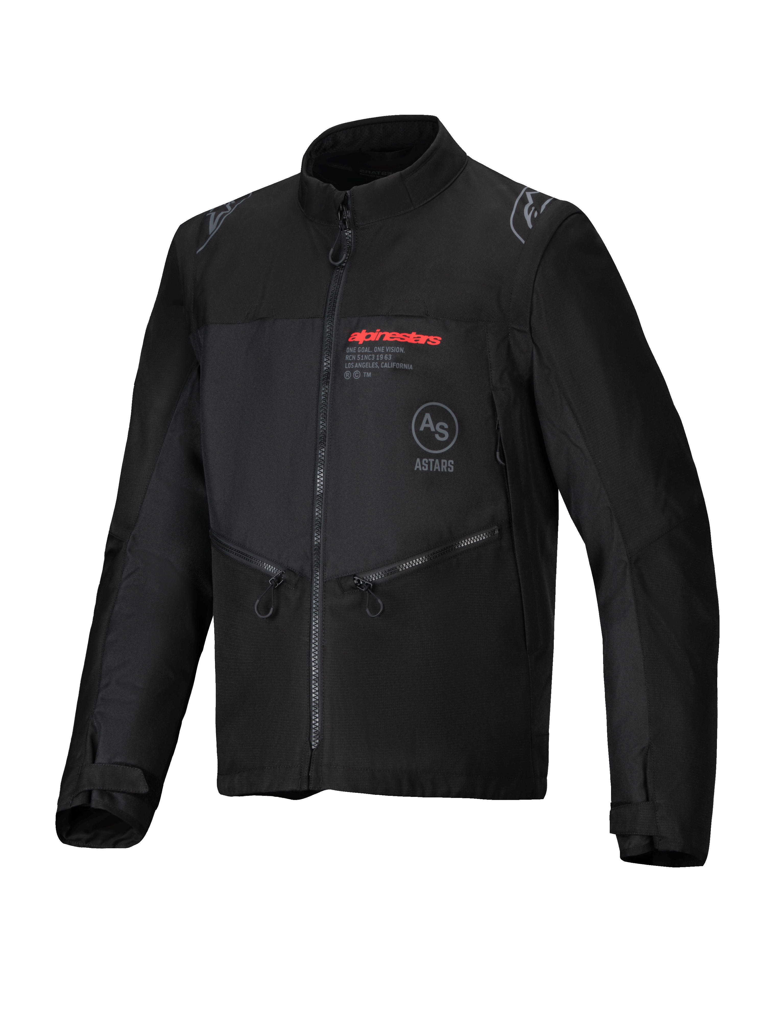 Alpinestars Pro-Dura Jacket, czarna kurtka motocyklowa off-road, wykonana z wytrzymałego materiału ripstop, czerwone logo Alpinestars na piersi, skośne kieszenie na zamek, detale z logo gwiazdy na ramionach