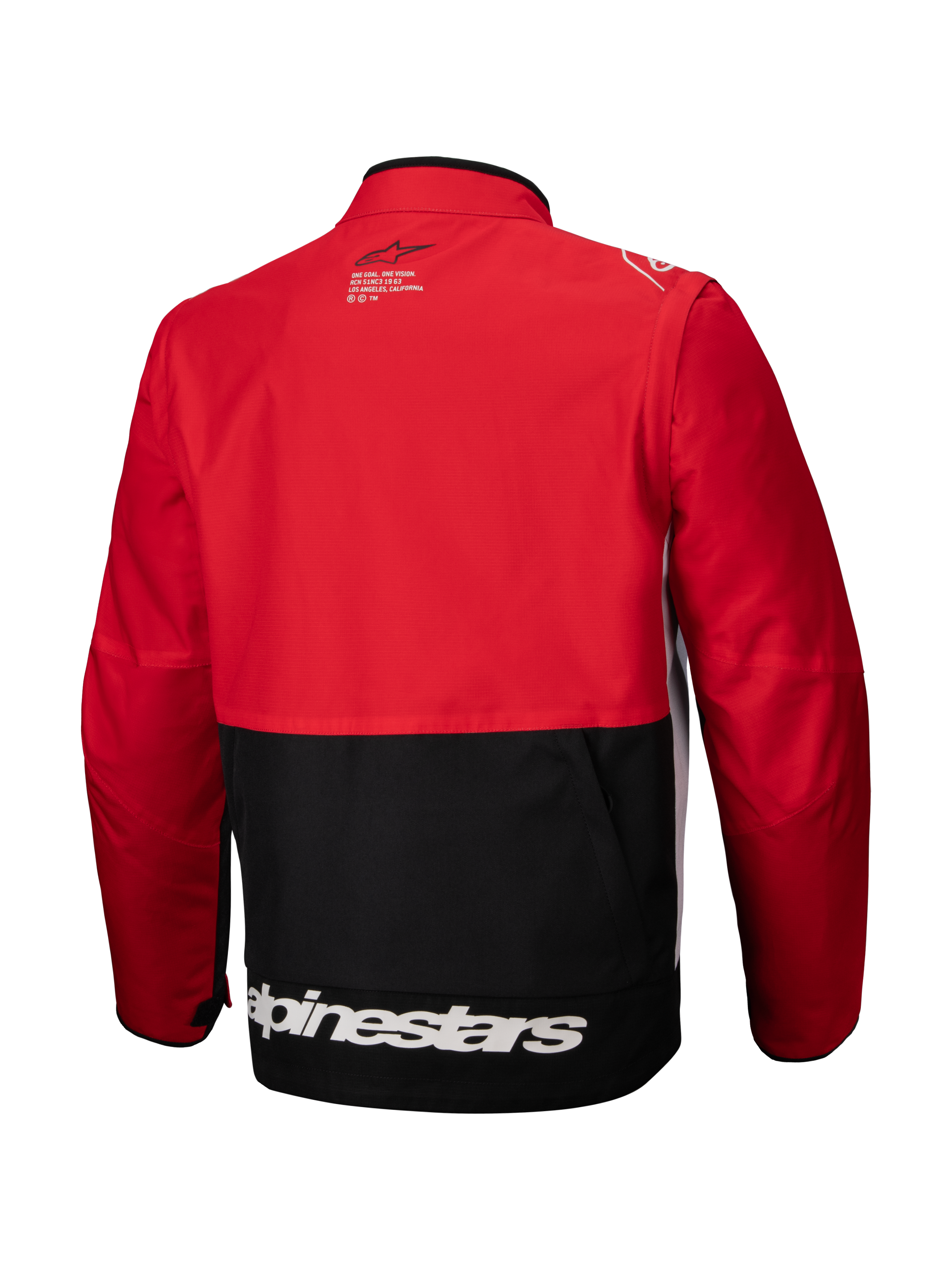 Alpinestars Pro-Dura Jacket, Off-Road Enduro Jacket, Black Bright Red White, back view, featuring a red upper body and sleeves with a black lower panel, white Alpinestars logo across the bottom hem, and durable ripstop textile construction for aggressive trail riding.