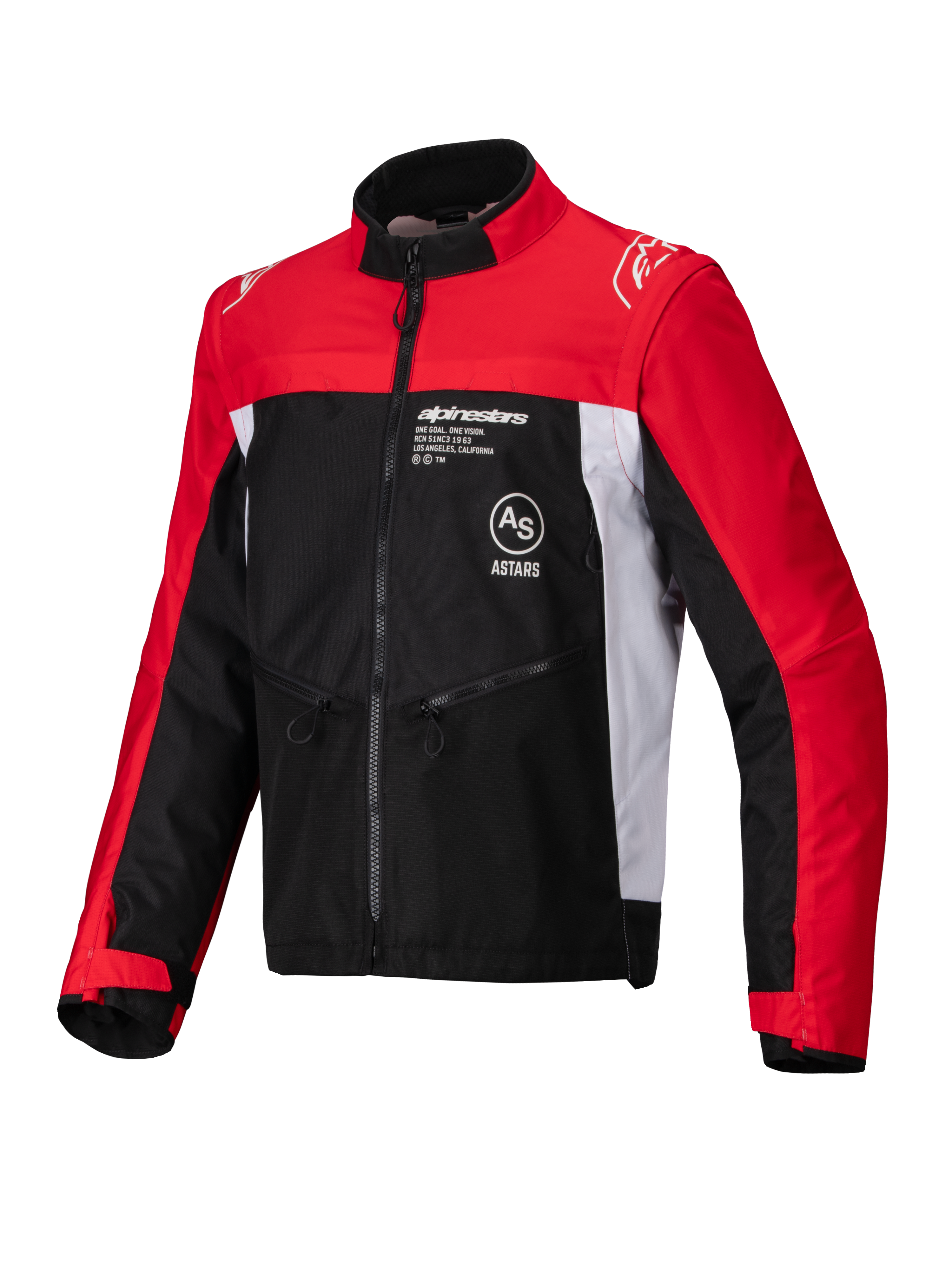 Alpinestars Pro-Dura Jacket, Off-Road Motorcycle Jacket, Black Bright Red and White, featuring a high collar, front zipper, and ripstop textile construction with red sleeves, white side panels, and Alpinestars branding on the chest.