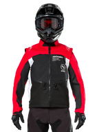 Alpinestars Pro-Dura Jacket, Off-Road Motorcycle Jacket, Black Bright Red and White, worn by a rider with a black motocross helmet and goggles, featuring a durable ripstop construction and white side panels, designed for enduro and trail riding