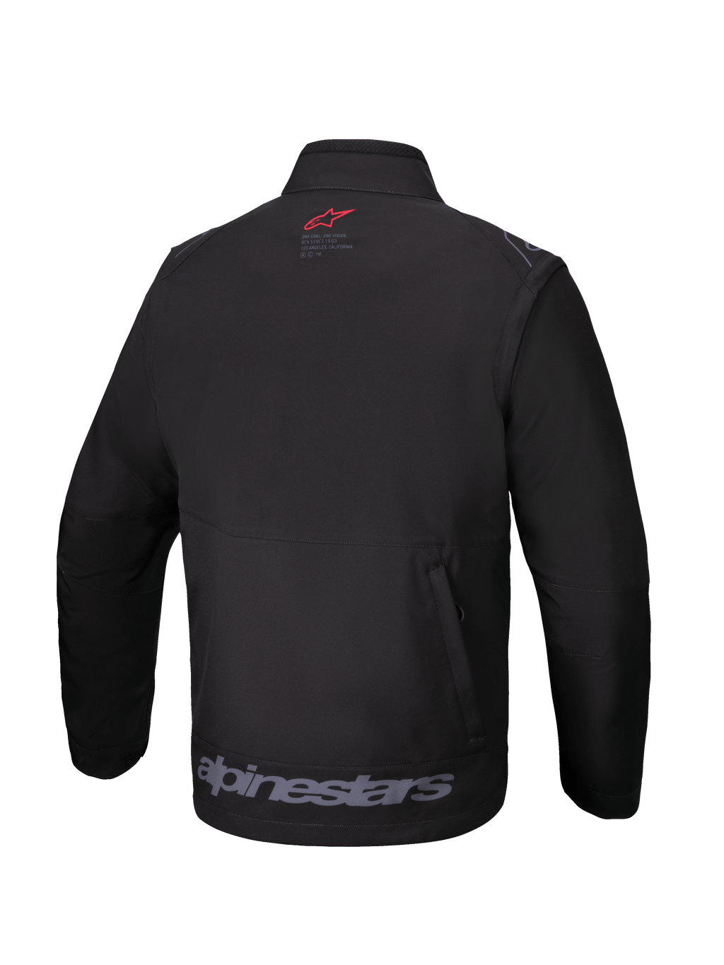 Kurtka Alpinestars Lite-Dura Softshell, czarna, widok z tyłu, małe czerwone logo na karku, duży szary napis Alpinestars na dolnej krawędzi, pionowa tylna kieszeń na zamek, techniczna odzież off-road do enduro i motocrossu