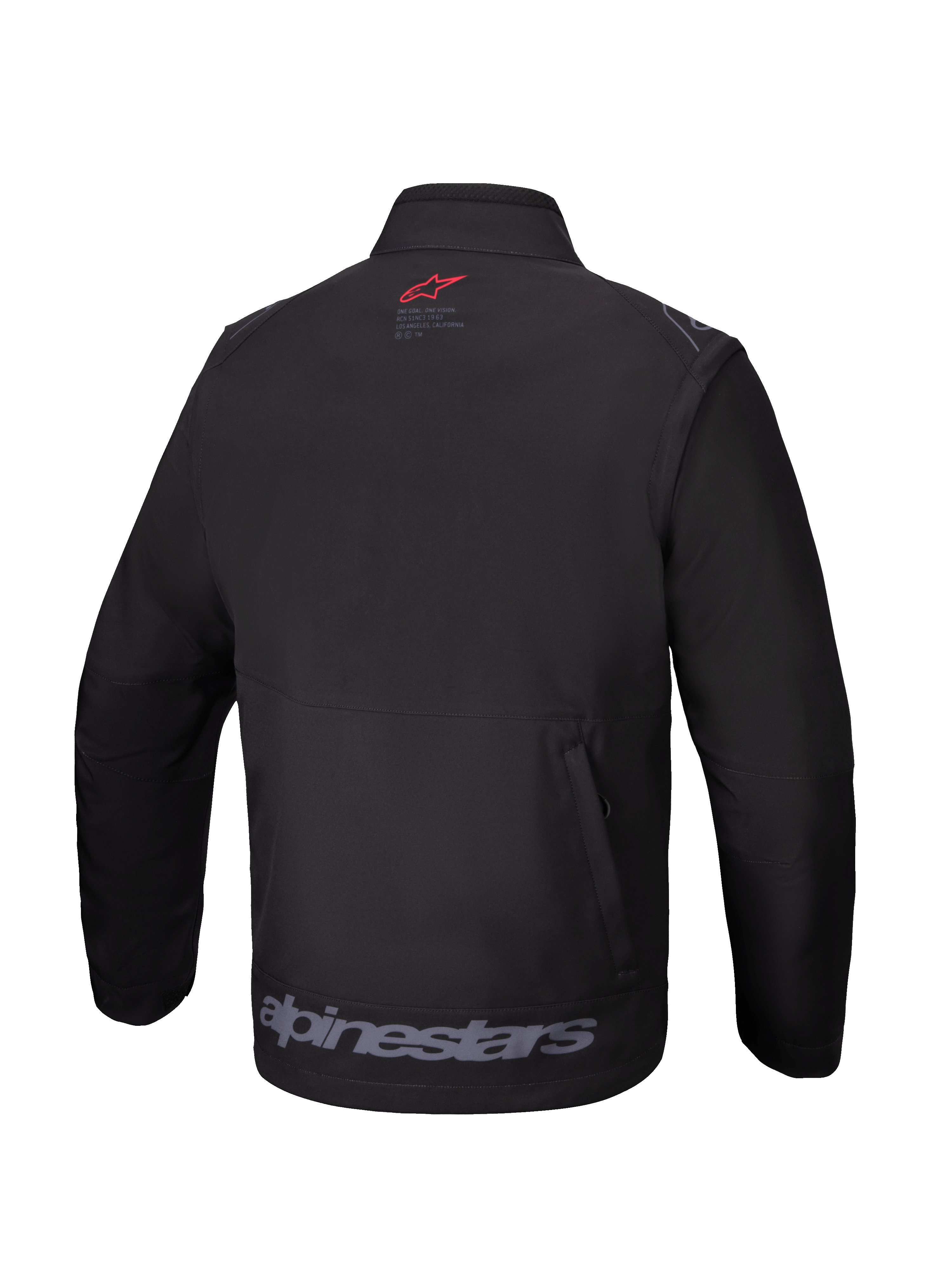 Kurtka Alpinestars Lite-Dura Softshell, czarna, widok z tyłu, małe czerwone logo na karku, duży szary napis Alpinestars na dolnej krawędzi, pionowa tylna kieszeń na zamek, techniczna odzież off-road do enduro i motocrossu