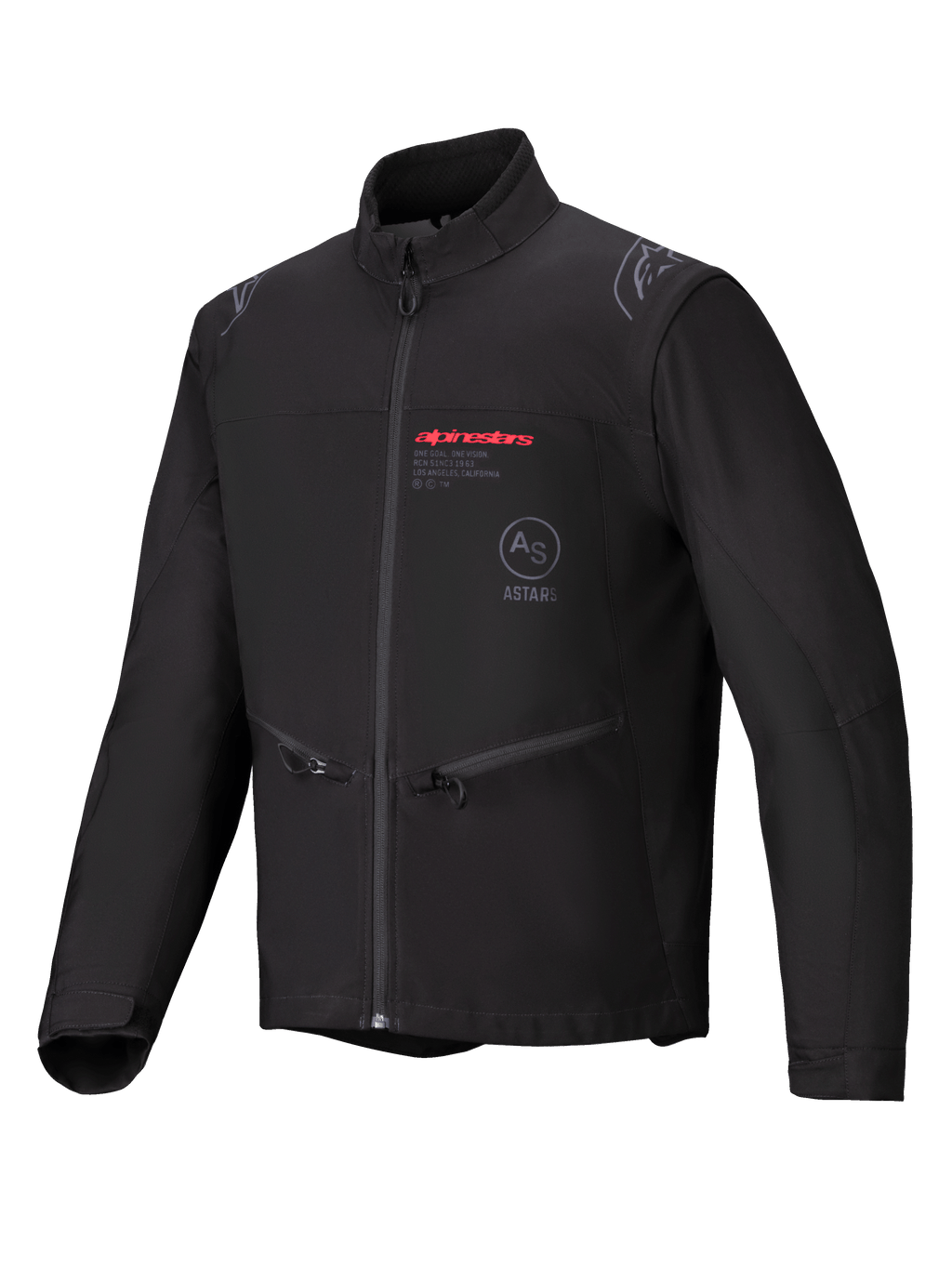 Alpinestars Lite-Dura Softshell Jacket, czarna kurtka motocyklowa enduro off-road, z czerwonym logo Alpinestars i logo AS ASTARS na klatce piersiowej, kieszenie na dłonie zapinane na zamek, wiatroszczelna konstrukcja softshell