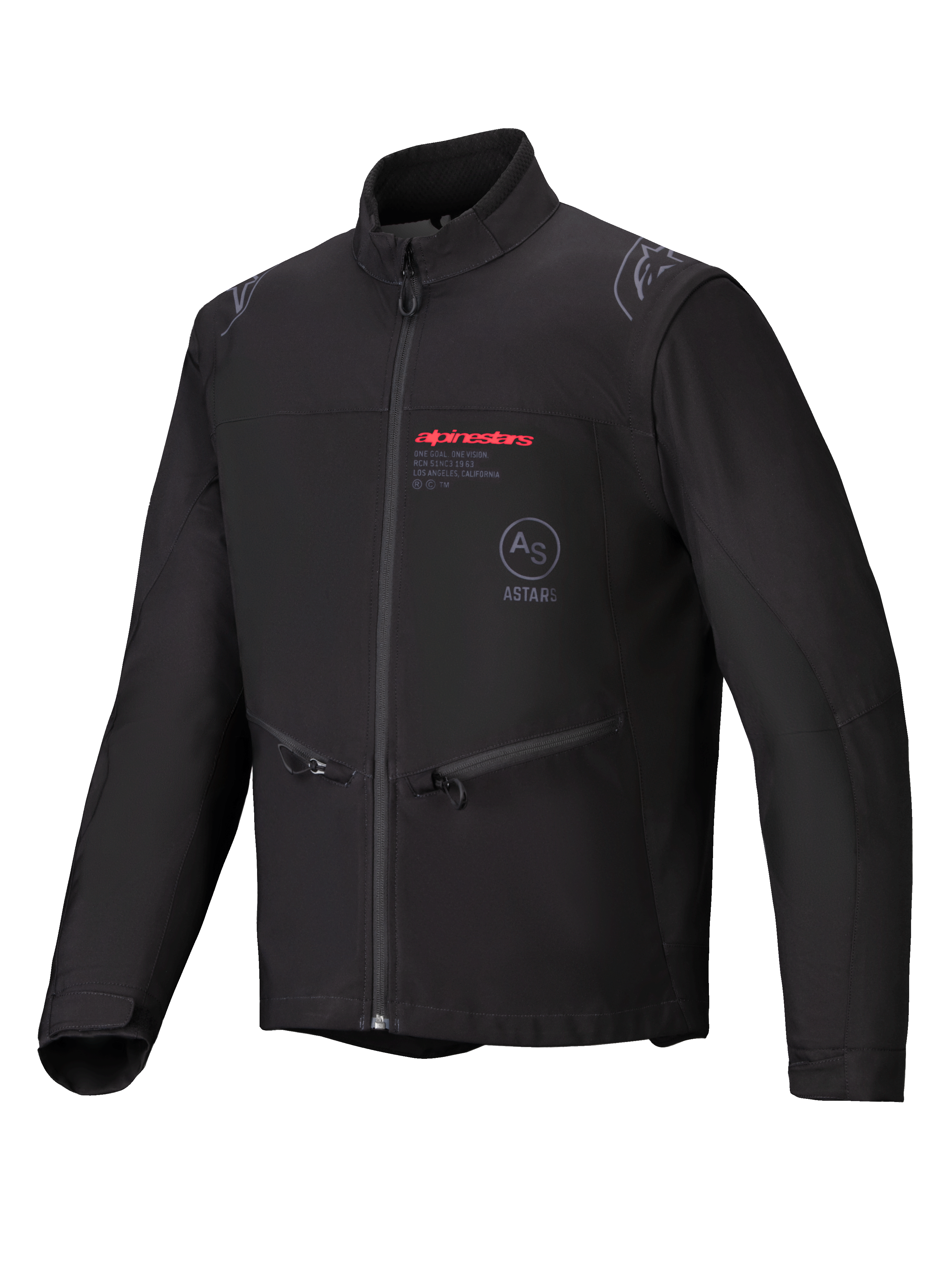 Alpinestars Lite-Dura Softshell Jacket, czarna kurtka motocyklowa enduro off-road, z czerwonym logo Alpinestars i logo AS ASTARS na klatce piersiowej, kieszenie na dłonie zapinane na zamek, wiatroszczelna konstrukcja softshell