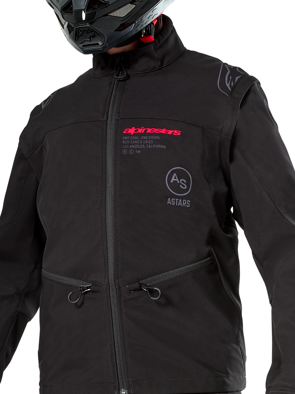Alpinestars Lite-Dura Softshell Jacket, czarna wiatroszczelna kurtka enduro off-road, modułowa konstrukcja z odpinanymi rękawami i podszewką z polaru, minimalistyczny styl techniczny, różowe i szare logotypy