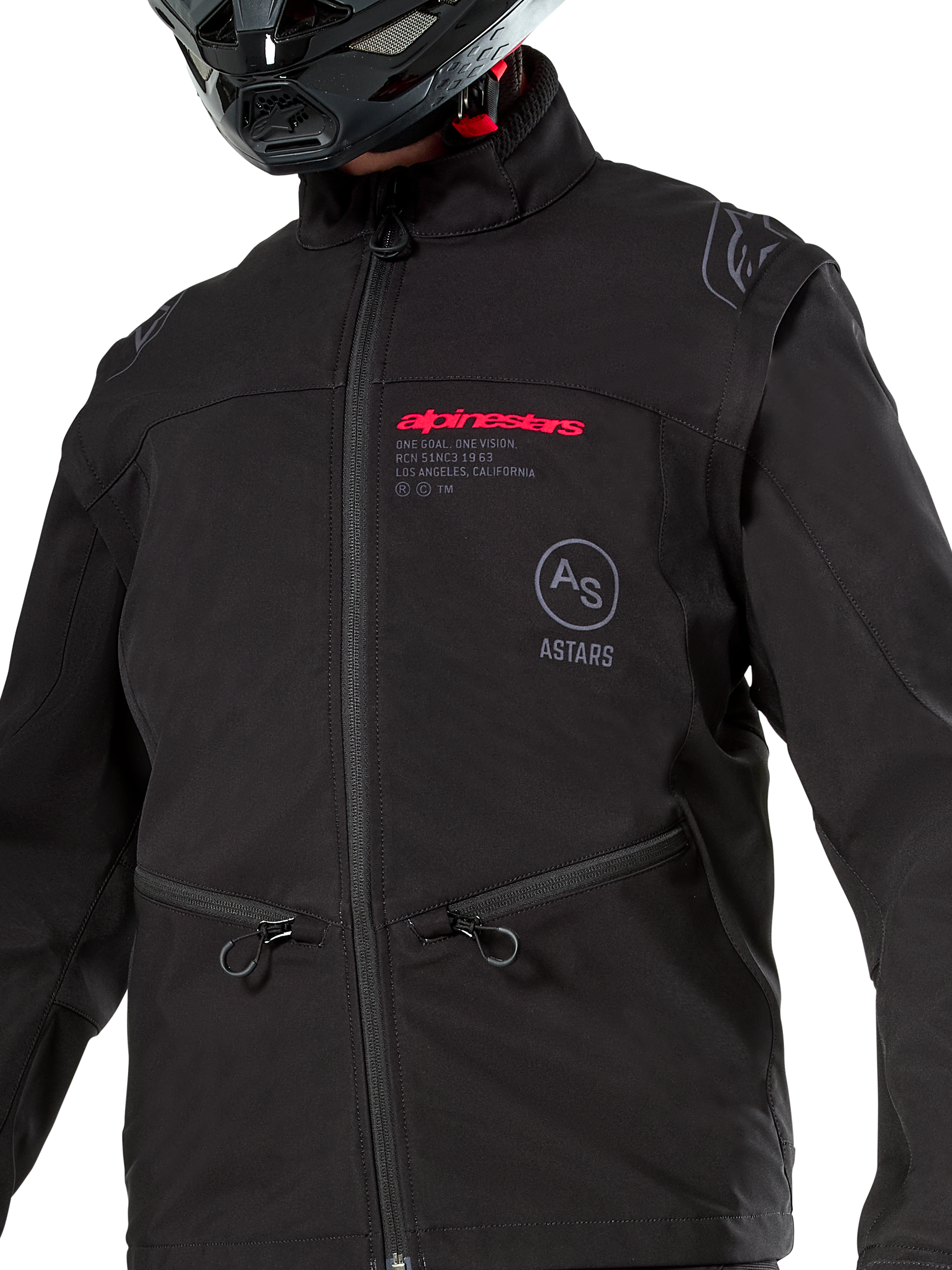 Alpinestars Lite-Dura Softshell Jacket, czarna wiatroszczelna kurtka enduro off-road, modułowa konstrukcja z odpinanymi rękawami i podszewką z polaru, minimalistyczny styl techniczny, różowe i szare logotypy